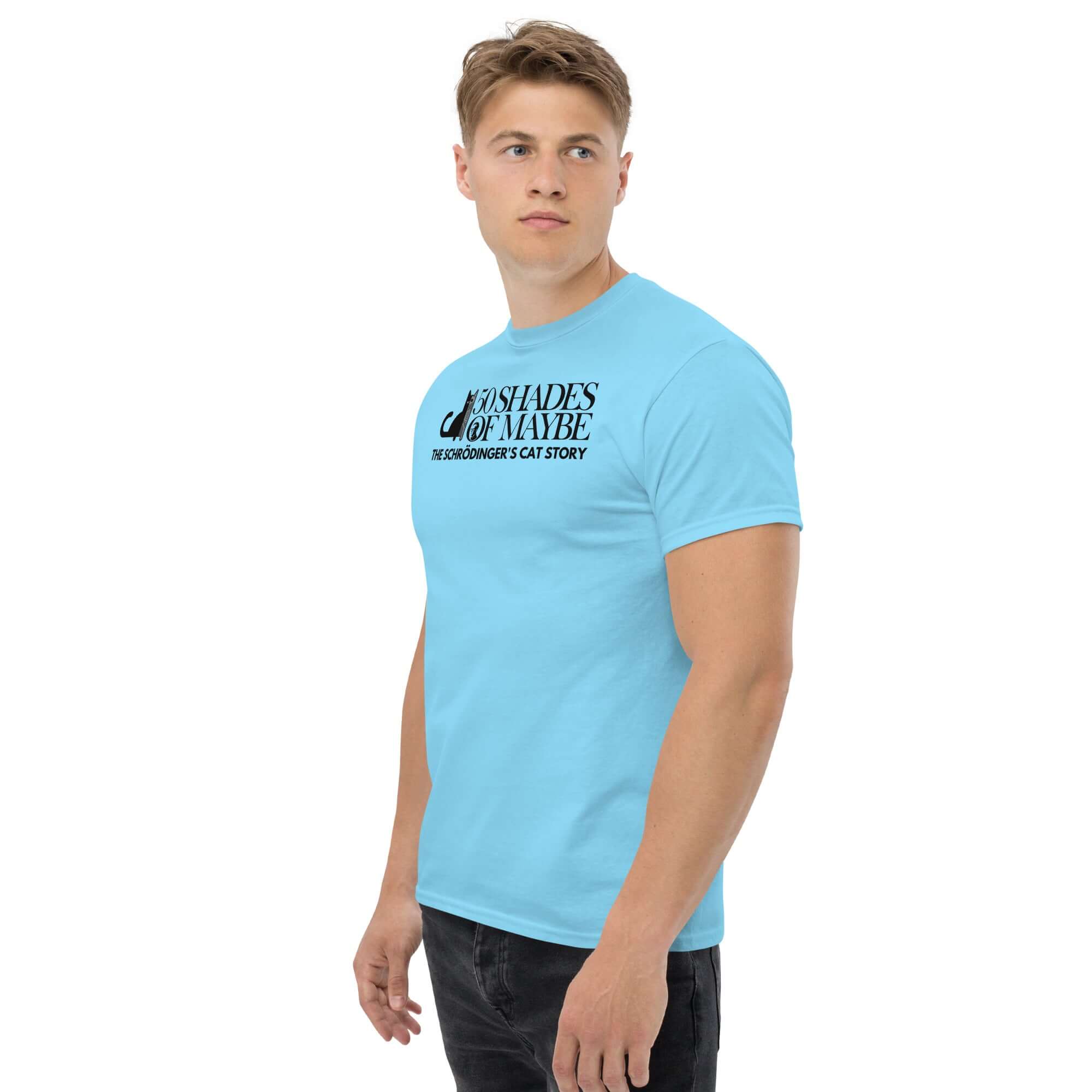 Model wearing '50 Shades of Maybe' Schrödinger's Cat parody t-shirt in blue, combining quantum physics and humor.