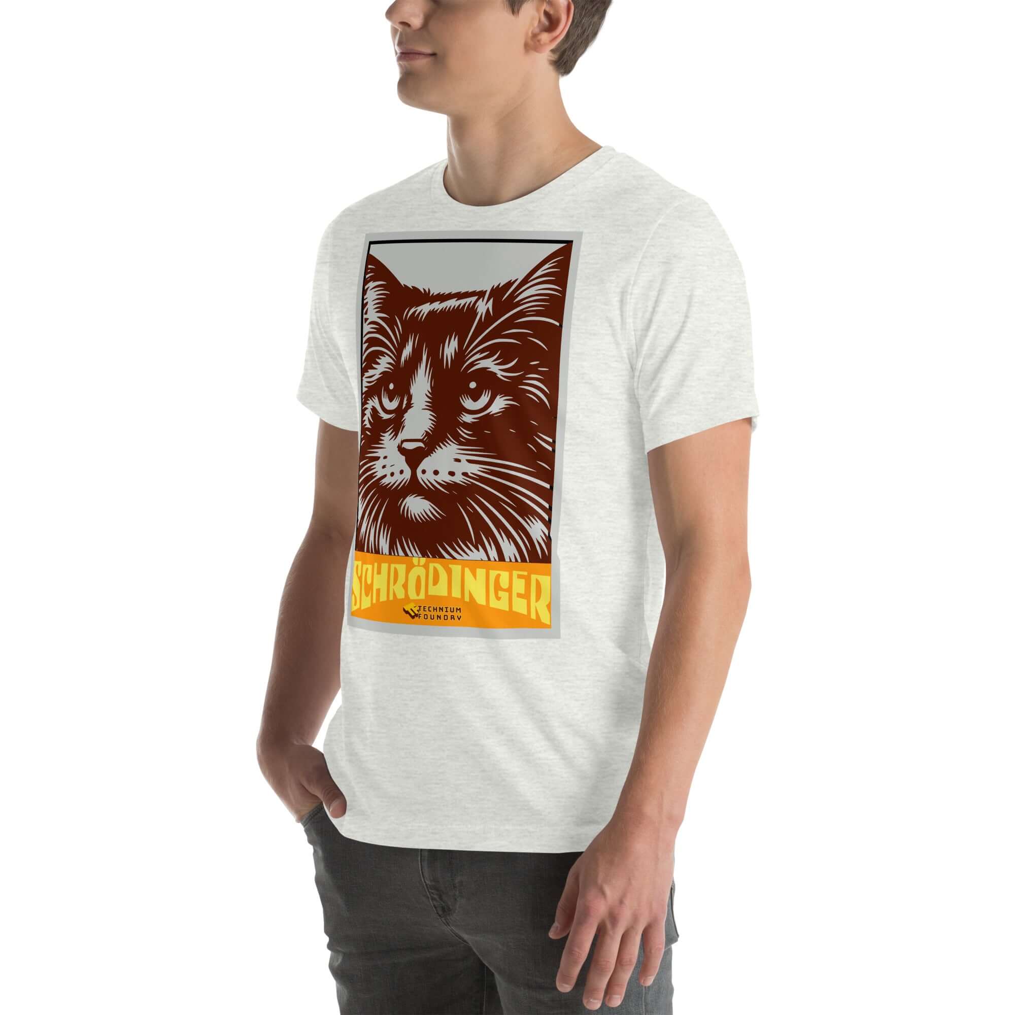Man wearing Schrödinger's Cat T-Shirt featuring retro design of famous quantum feline experiment.