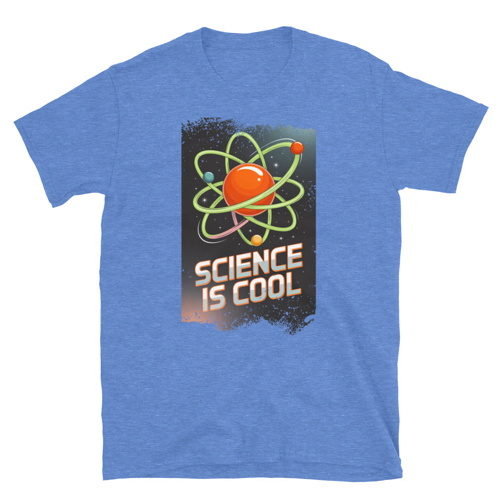 Blue t-shirt featuring an atomic graphic with 'Science is Cool' slogan, perfect for science humor enthusiasts.