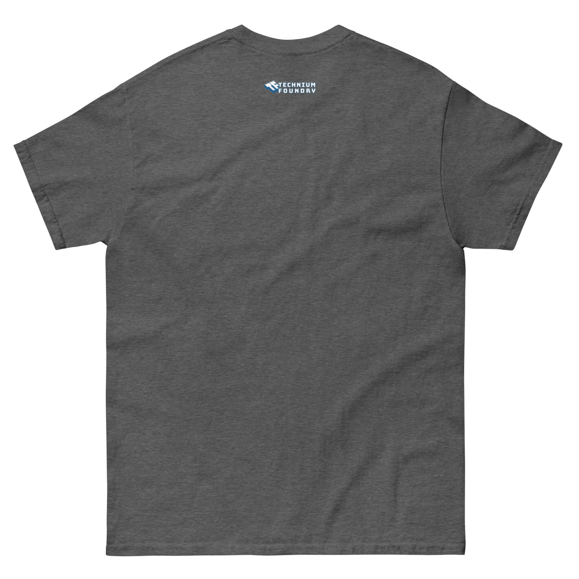 Back view of dark gray t-shirt featuring Science, Technology, Witchcraft & The Arts design, ideal for intellectual rebels.