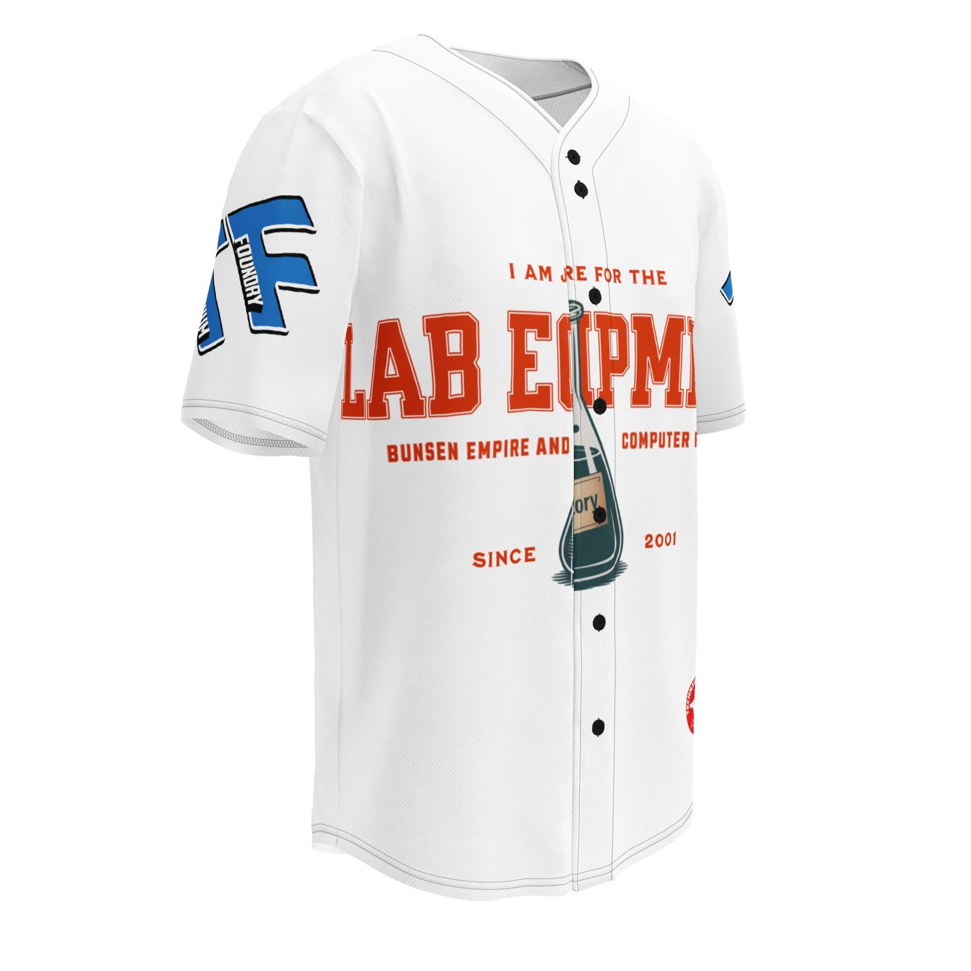 Front view of white lab equipment-themed baseball jersey with "LAB EQUIP" text, chemistry flask graphic, and team spirit design.