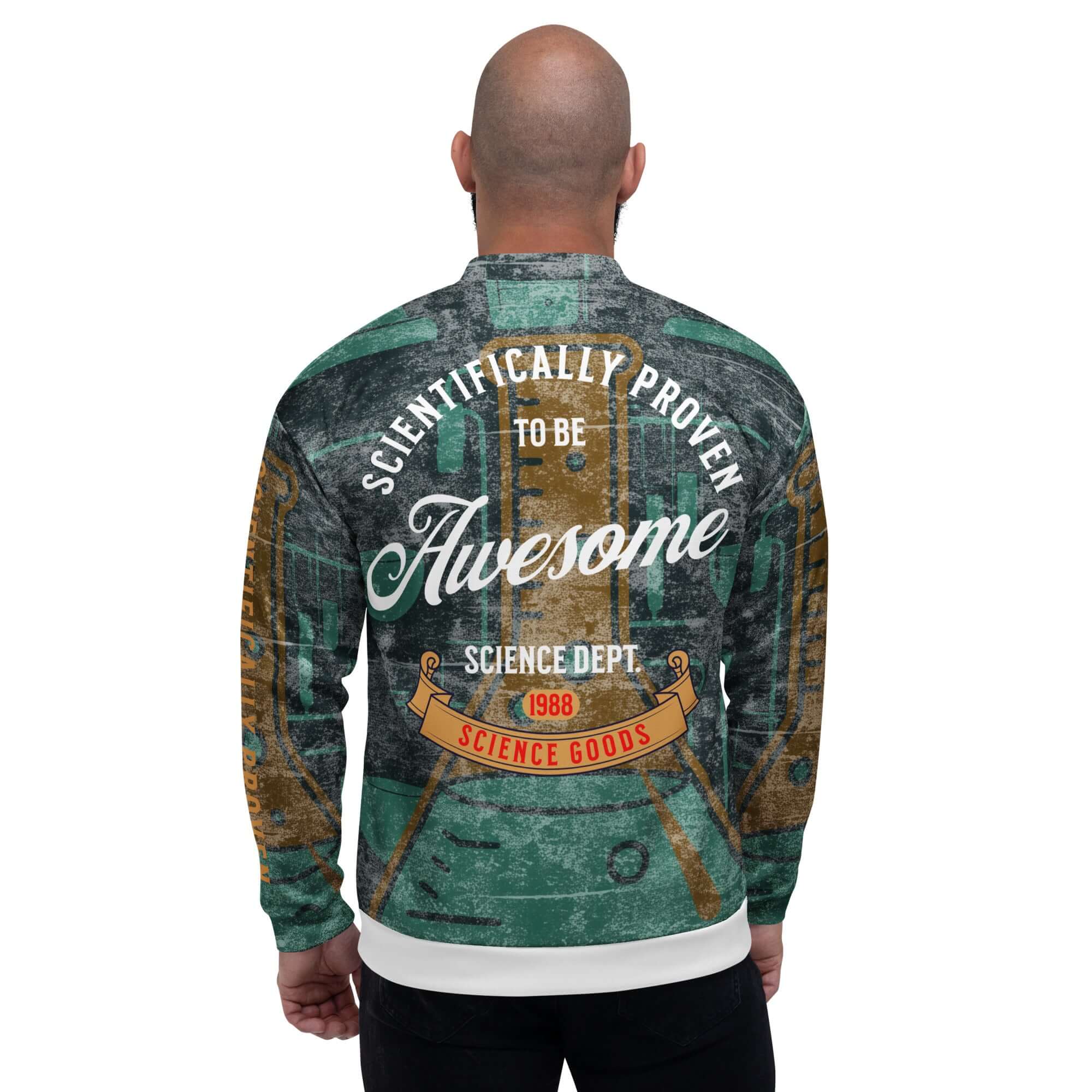 Vintage bomber jacket with 'Scientifically Proven To Be Awesome' print, featuring science-themed design, worn by a person.