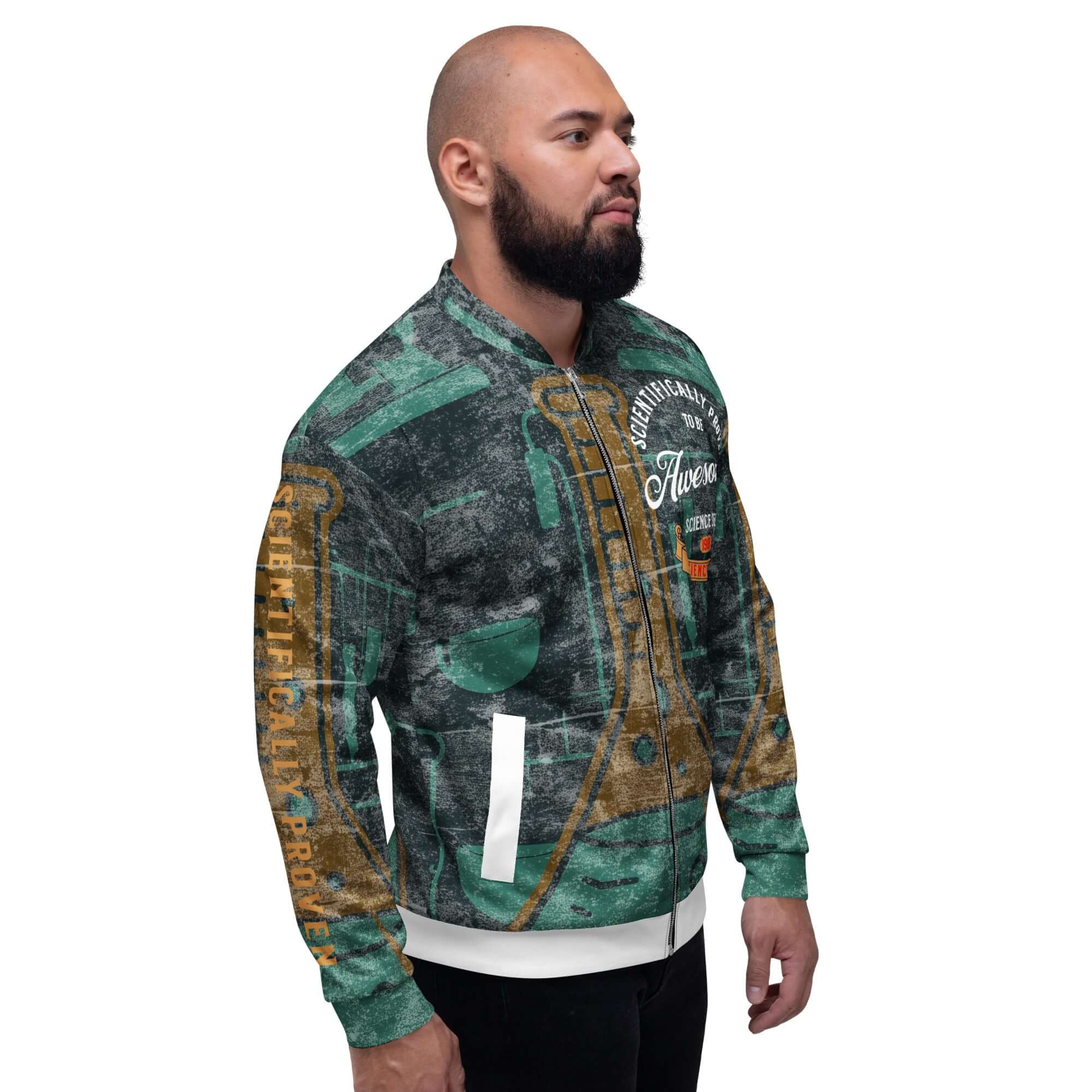 Man wearing a vintage science-themed bomber jacket with "Scientifically Proven to be Awesome" text.