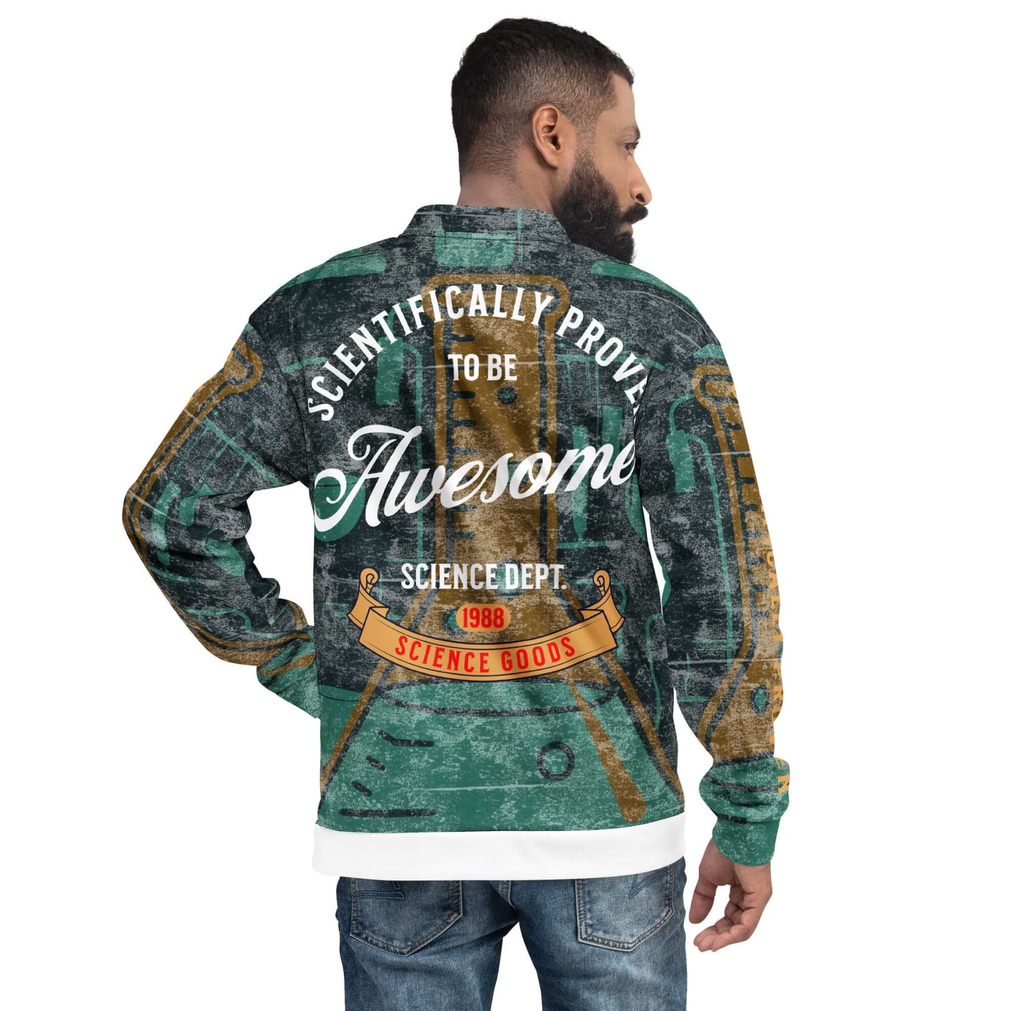 Man wearing vintage bomber jacket with 'Scientifically Proven To Be Awesome' print from Science Department, styled with jeans.
