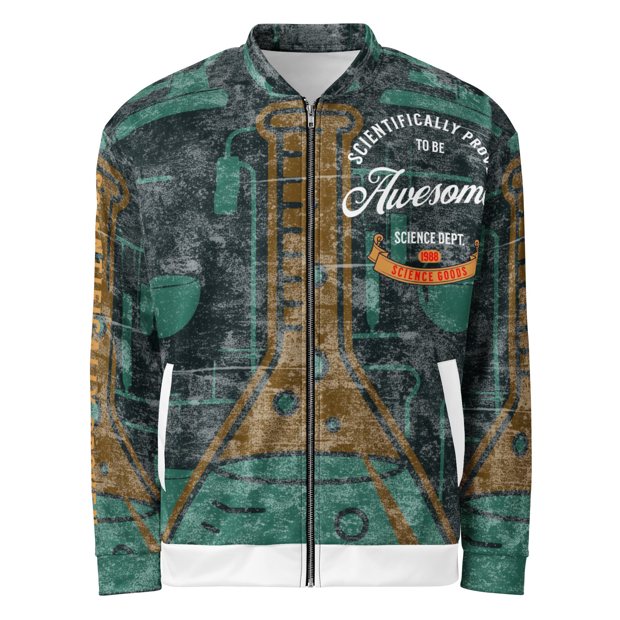 Vintage bomber jacket with scientific design, "Scientifically Proven To Be Awesome" text, and laboratory imagery. Perfect for academics.