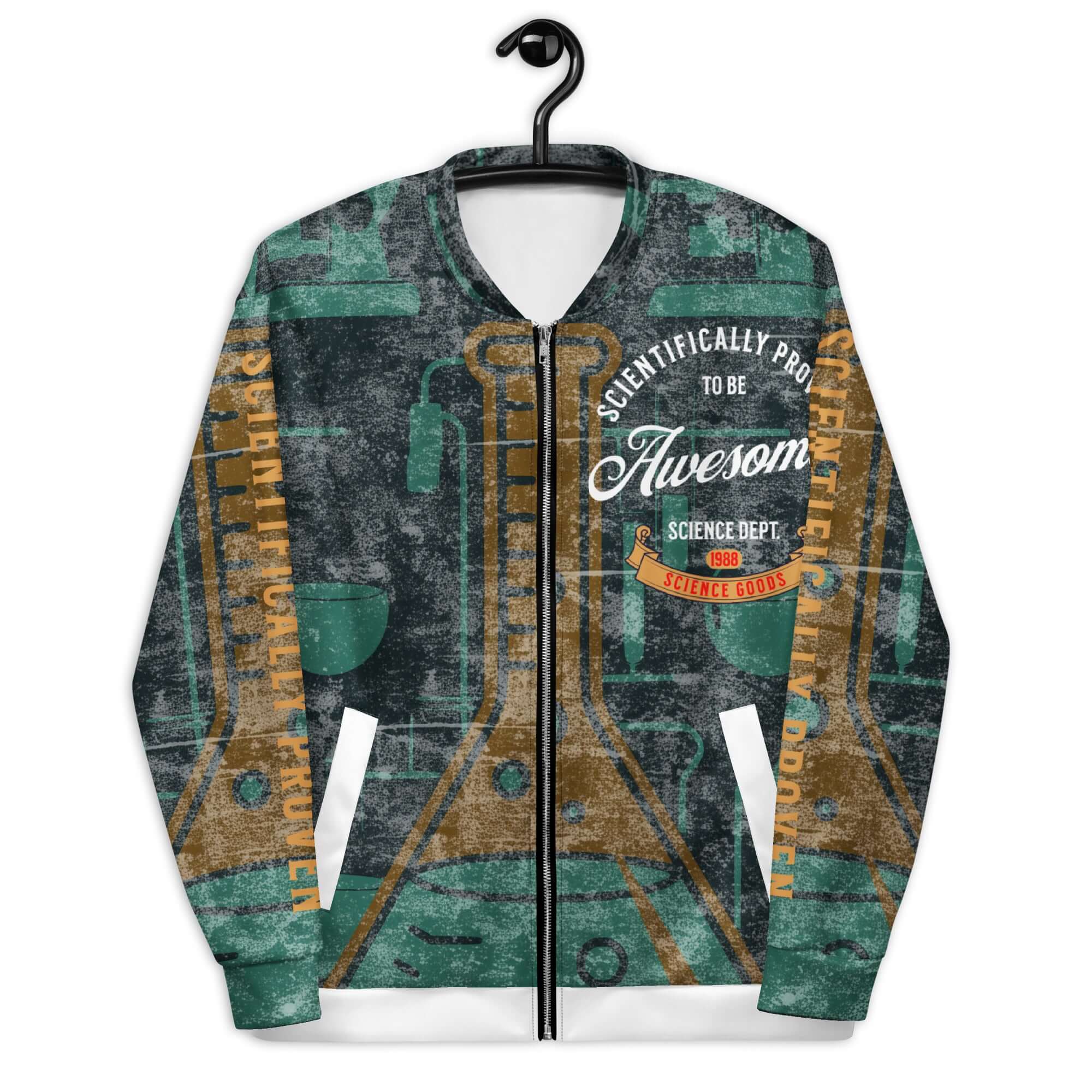 "Scientifically Proven To Be Awesome" vintage science bomber jacket with flask design, academic varsity style.