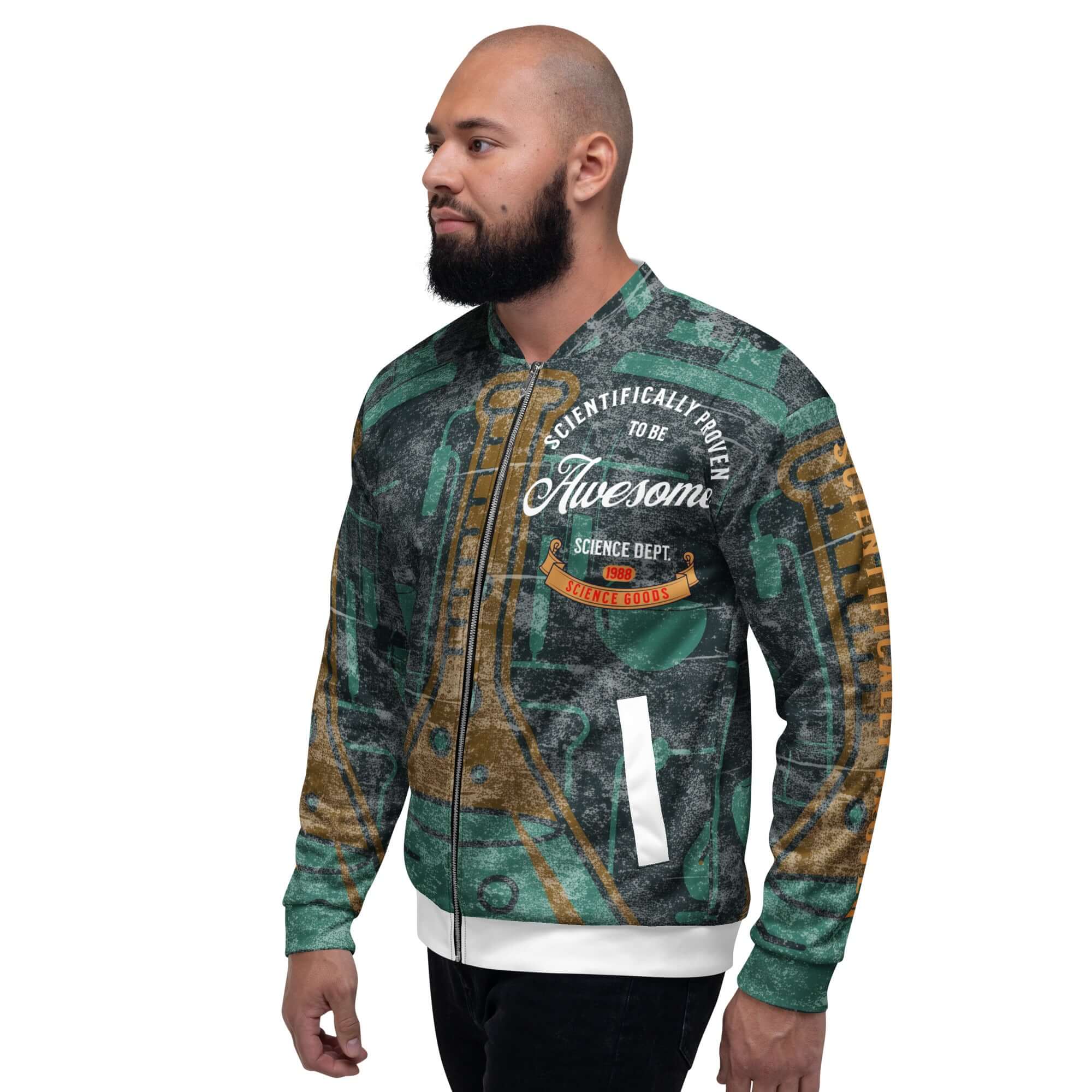 Man wearing 'Scientifically Proven to Be Awesome' vintage science bomber jacket with academic design.