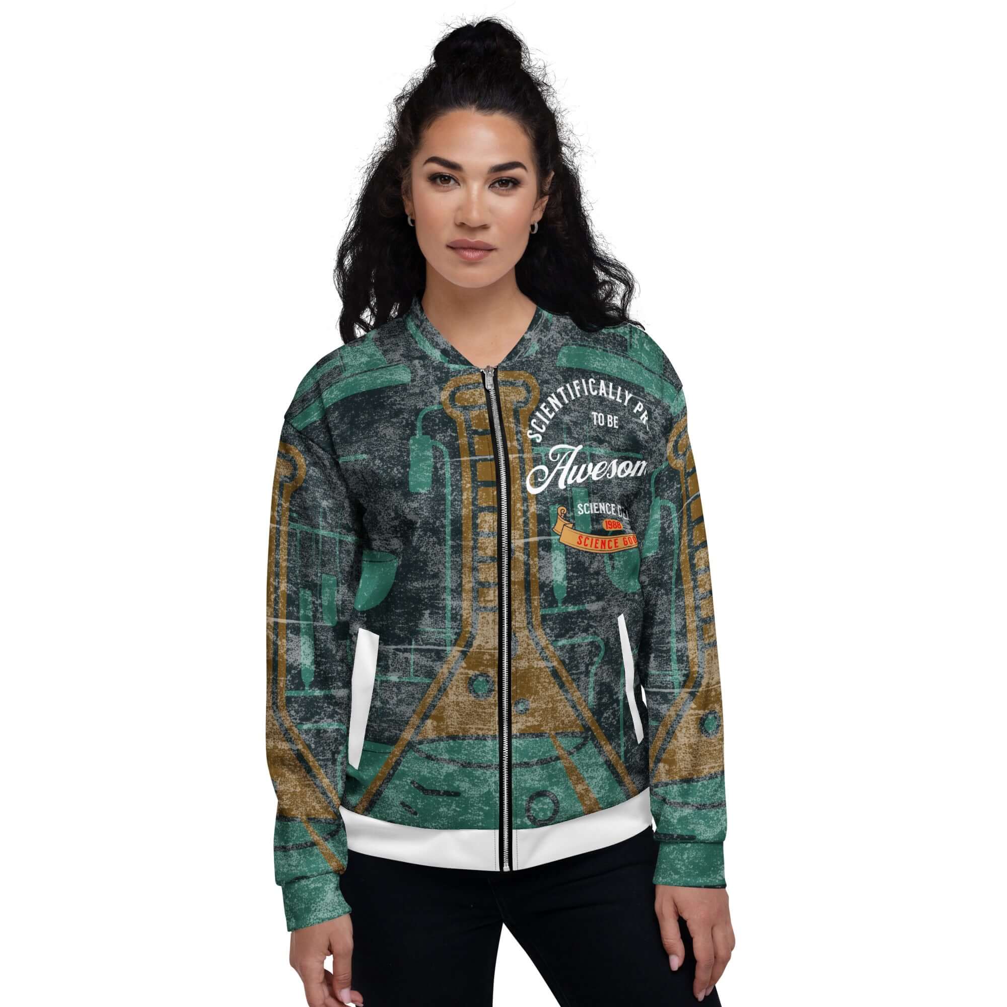 Vintage bomber jacket with 'Scientifically Proven To Be Awesome' text, worn by model. Perfect for academic or science enthusiasts.