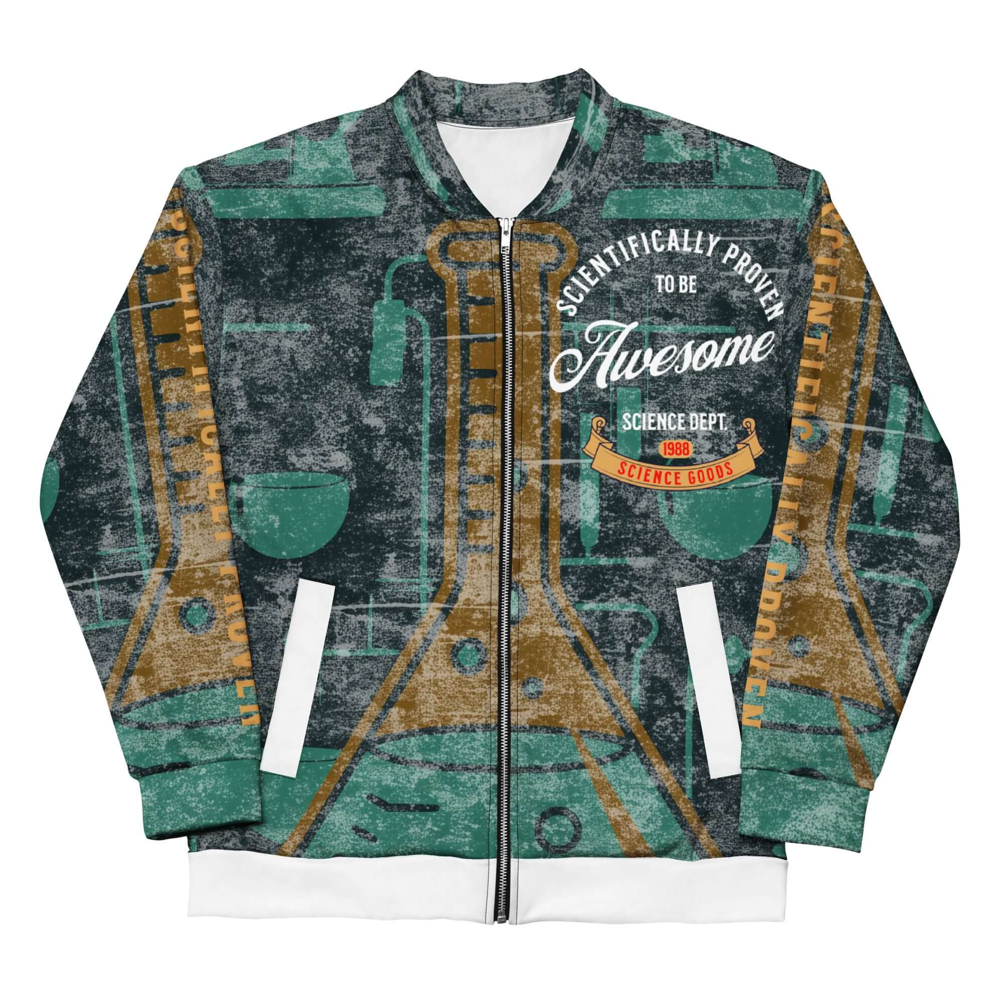 Vintage science bomber jacket with 'Scientifically Proven to Be Awesome' text, featuring beaker and abstract designs for academics.