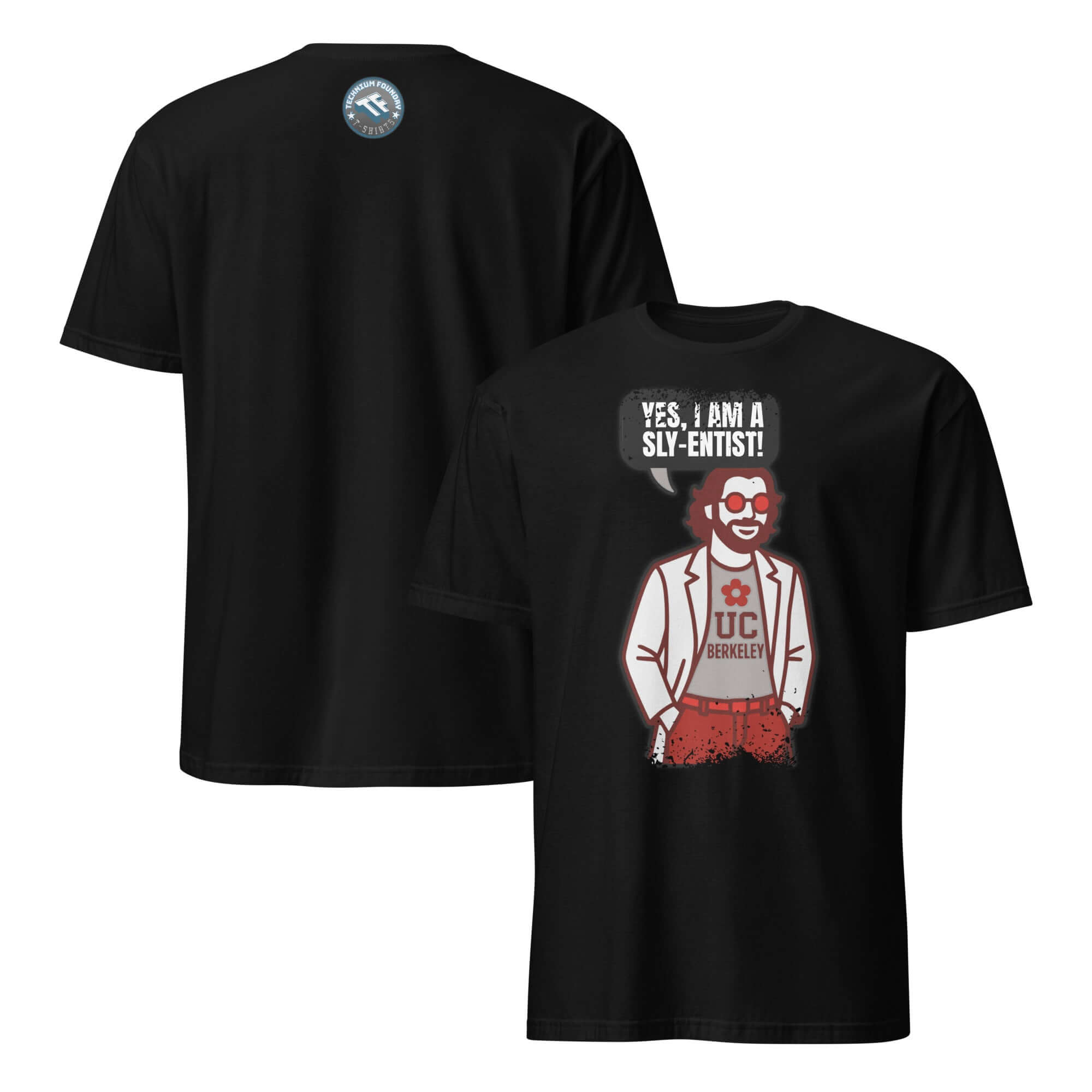 Black t-shirt featuring a cartoon scientist with "Yes, I Am A Sly-entist" text, celebrating quirky academia and science humor.