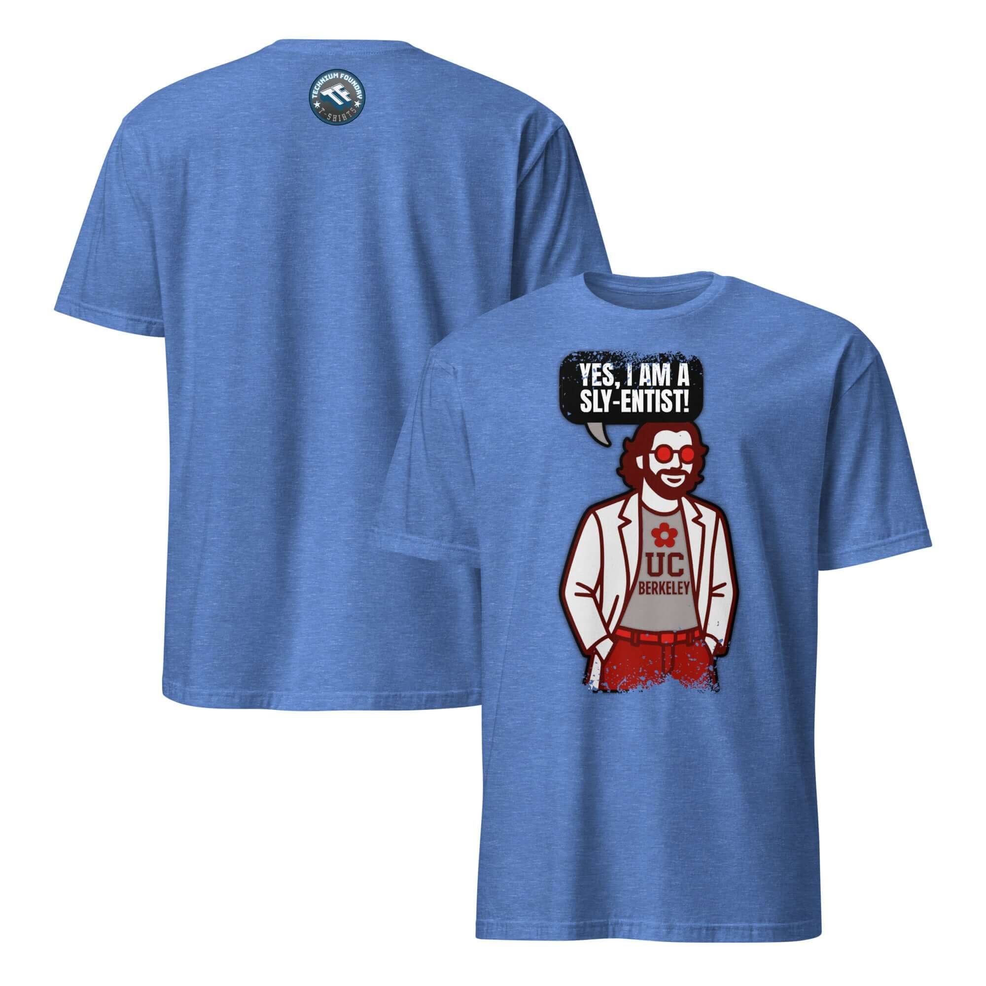 Blue Scientist T-Shirt featuring 'Yes, I Am A Sly-entist' design with academic clown graphic, embracing quirky academia humor.