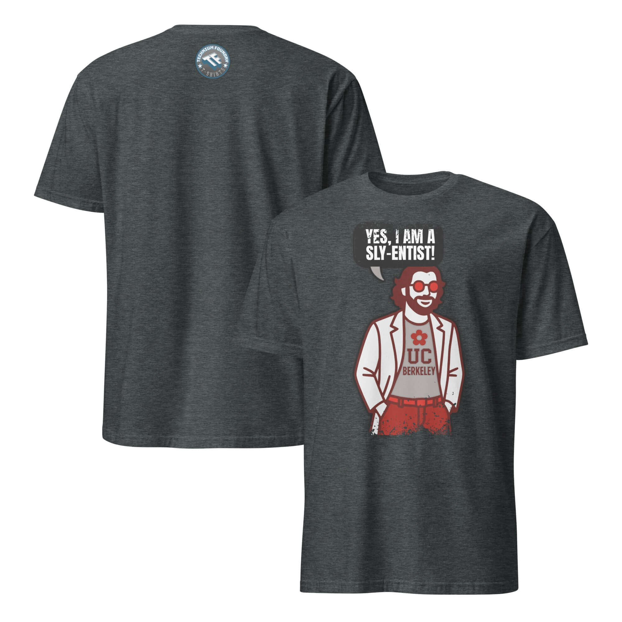 Funny Scientist T-Shirt with "Yes, I Am A Sly-entist" graphic and academic clown illustration on a dark gray fabric.