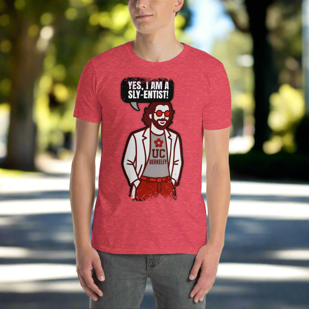 Red scientist T-shirt featuring "YES, I AM A SLY-ENTIST!" graphic with a clown-themed academic illustration, perfect for quirky academics.