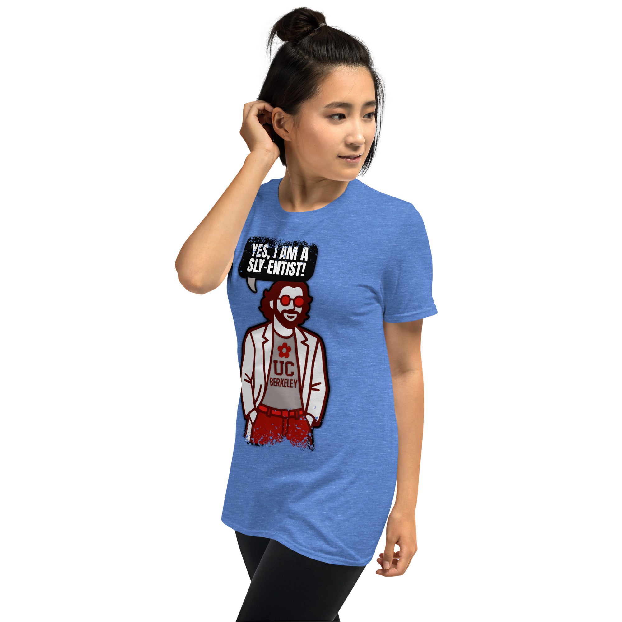 Woman wearing blue 'Yes I Am A Sly-entist' scientist T-shirt with clown design, perfect for academics with a flair for humor.