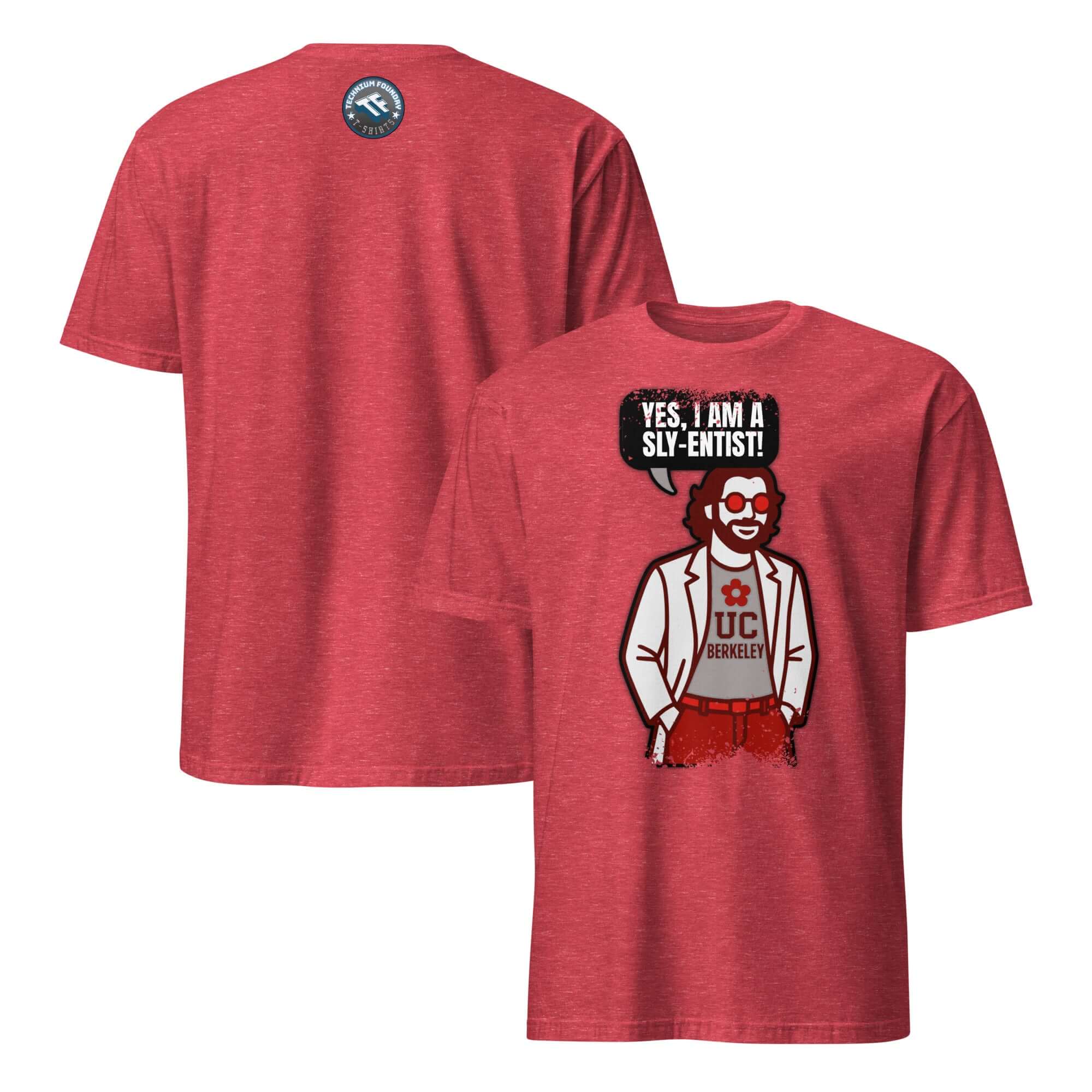 Red 'Yes I Am A Sly-entist' T-shirt featuring a cartoon scientist with speech bubble and academic clown theme.