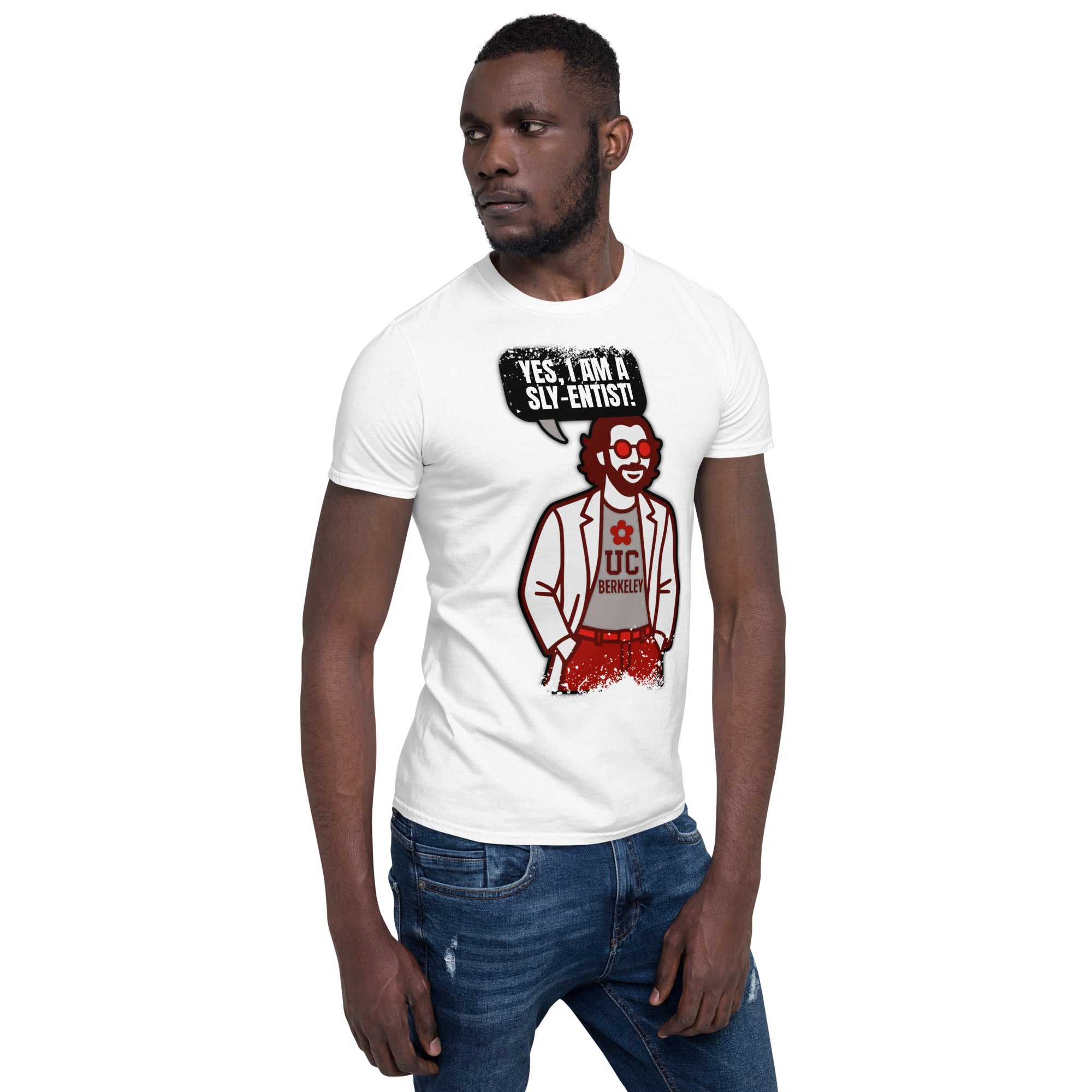 Man wearing 'Yes, I Am A Sly-entist' scientist T-shirt with academic clown graphic.
