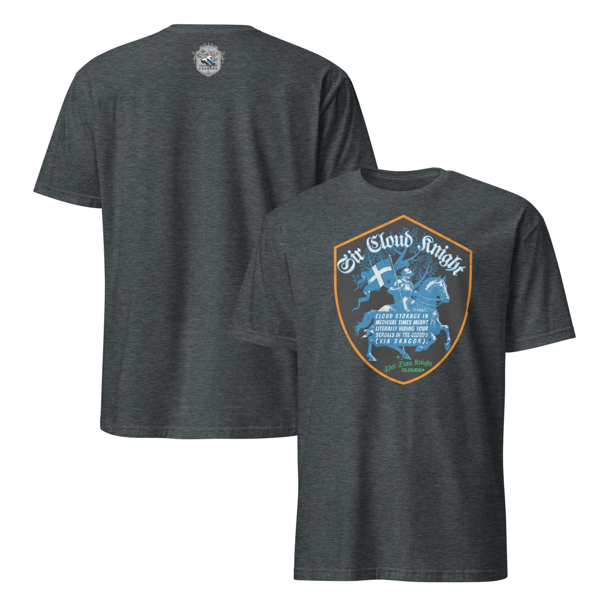 Sir Cloud Knight T-Shirt featuring a knight with a cybersecurity theme, medieval tech humor design on a dark gray fabric.