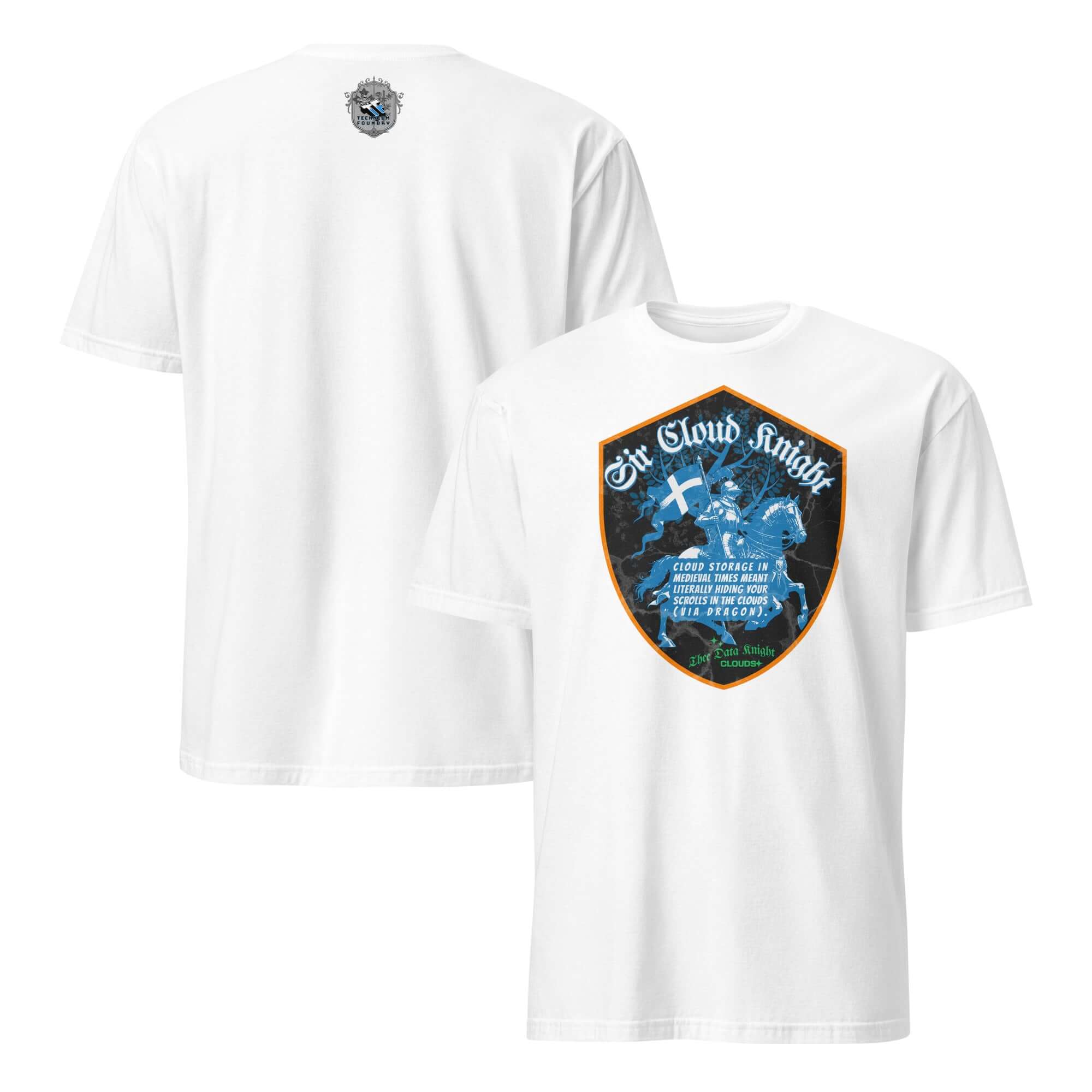 Sir Cloud Knight T-Shirt featuring a humorous medieval knight with cybersecurity theme, illustrating tech innovation. Perfect for tech enthusiasts.