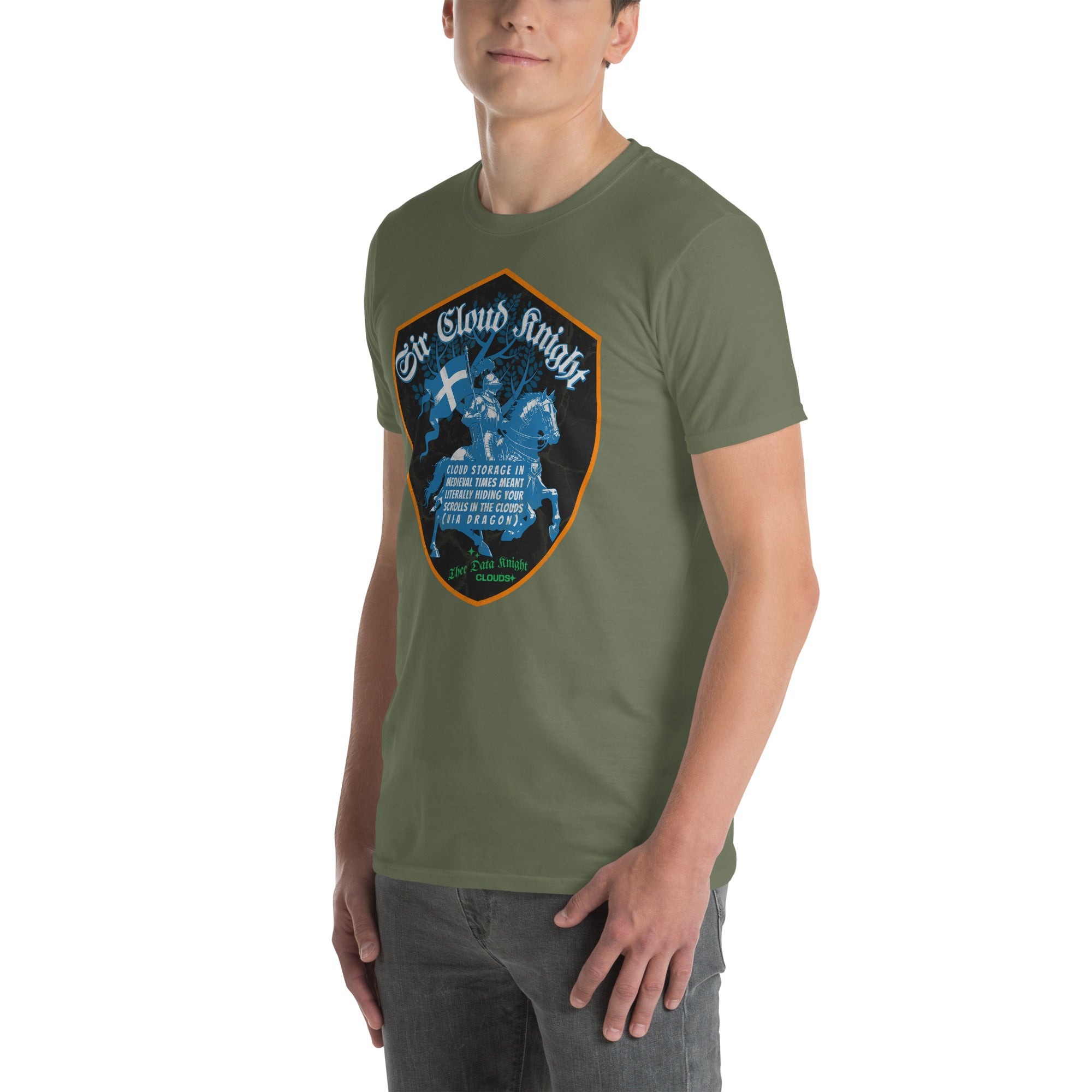 Man wearing Sir Cloud Knight T-Shirt featuring medieval tech humor with a knight on horseback and cybersecurity-themed design.