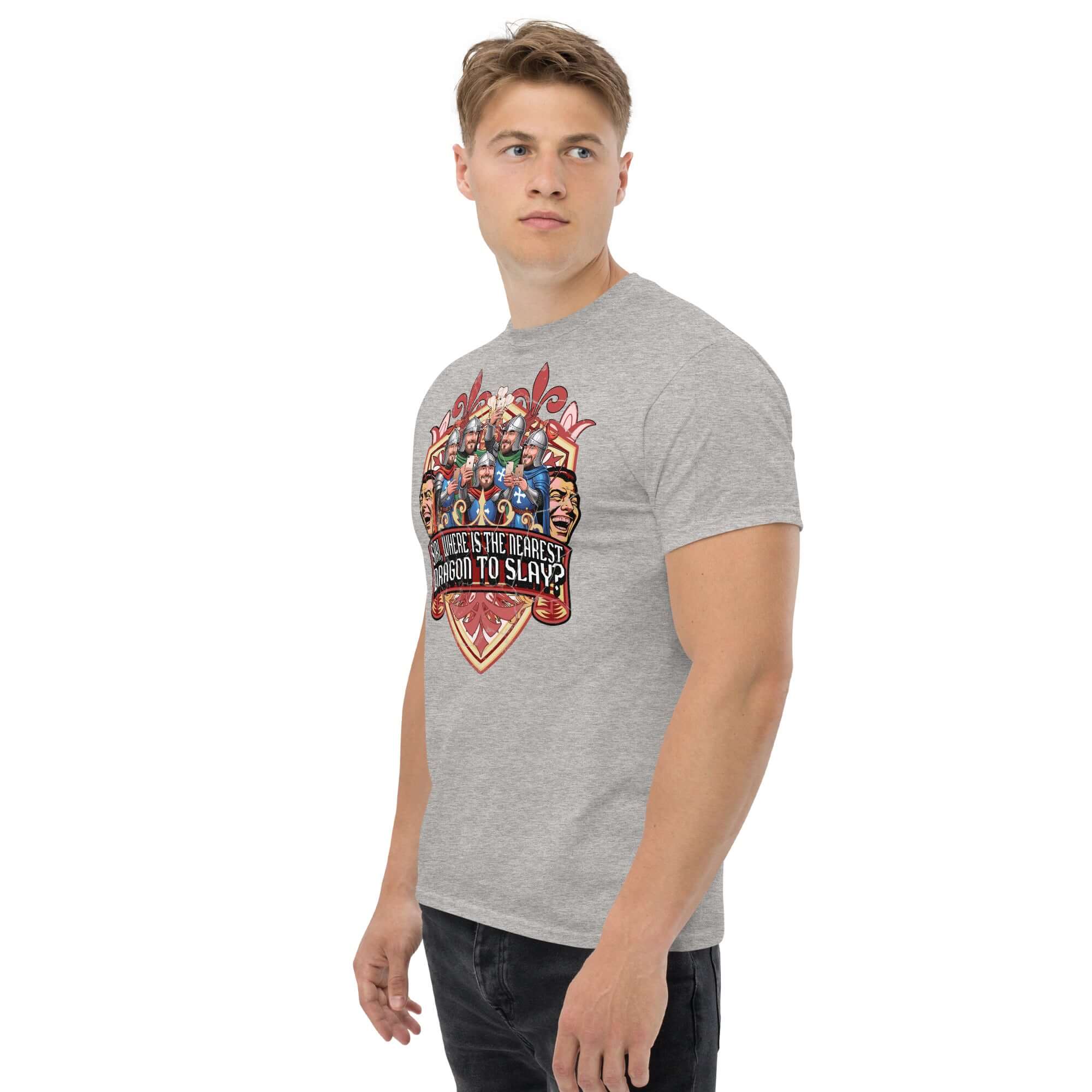 Man wearing a medieval-themed iPhone t-shirt with humorous 'Siri, Where Is The Nearest Dragon To Slay?' text and knights holding smartphones.