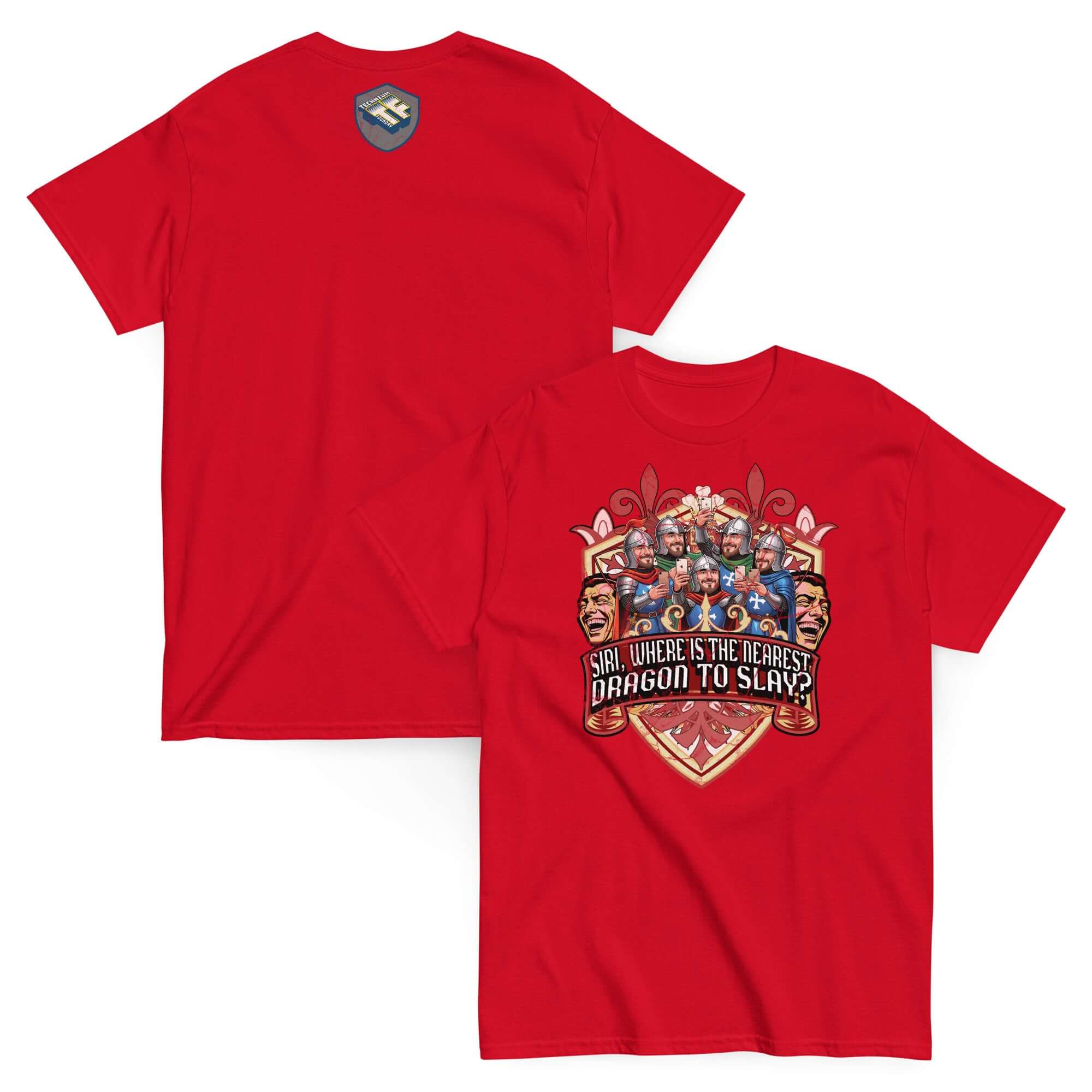 Red medieval iPhone t-shirt with knights holding smartphones and text 'SIRI, WHERE IS THE NEAREST DRAGON TO SLAY?' on the back.