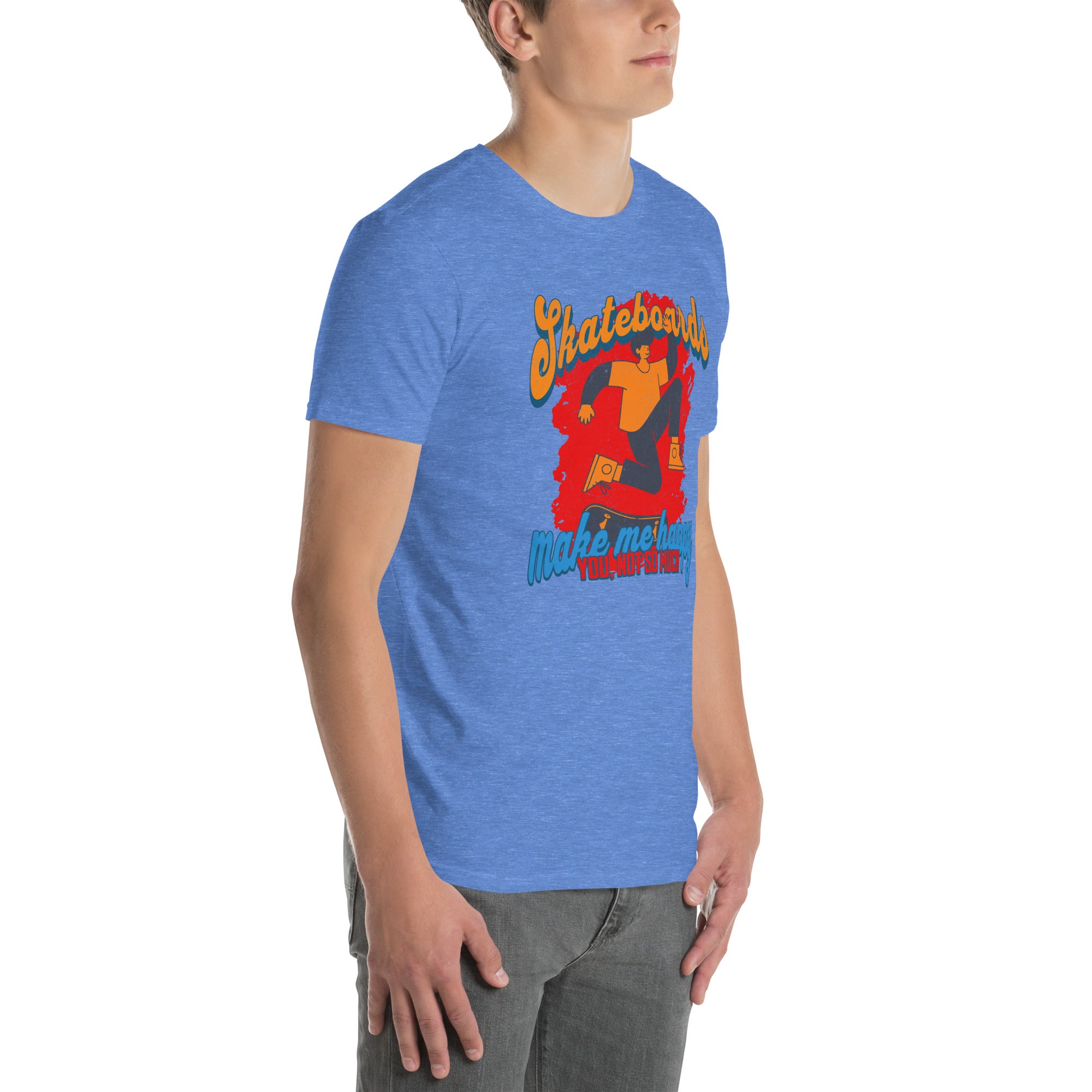Man wearing blue 'Skateboards Make Me Happy' humorous T-shirt with skateboard design.