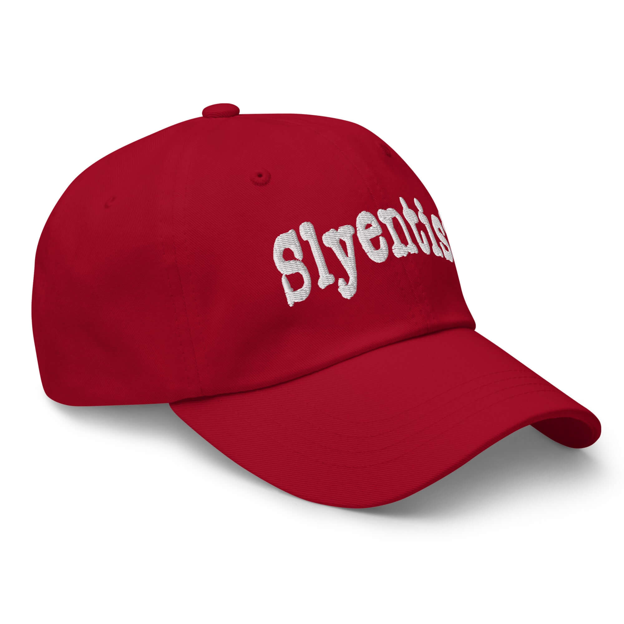 Red Slyentist baseball cap for scientific professionals, featuring quirky embroidered logo for fun and mischievous style.