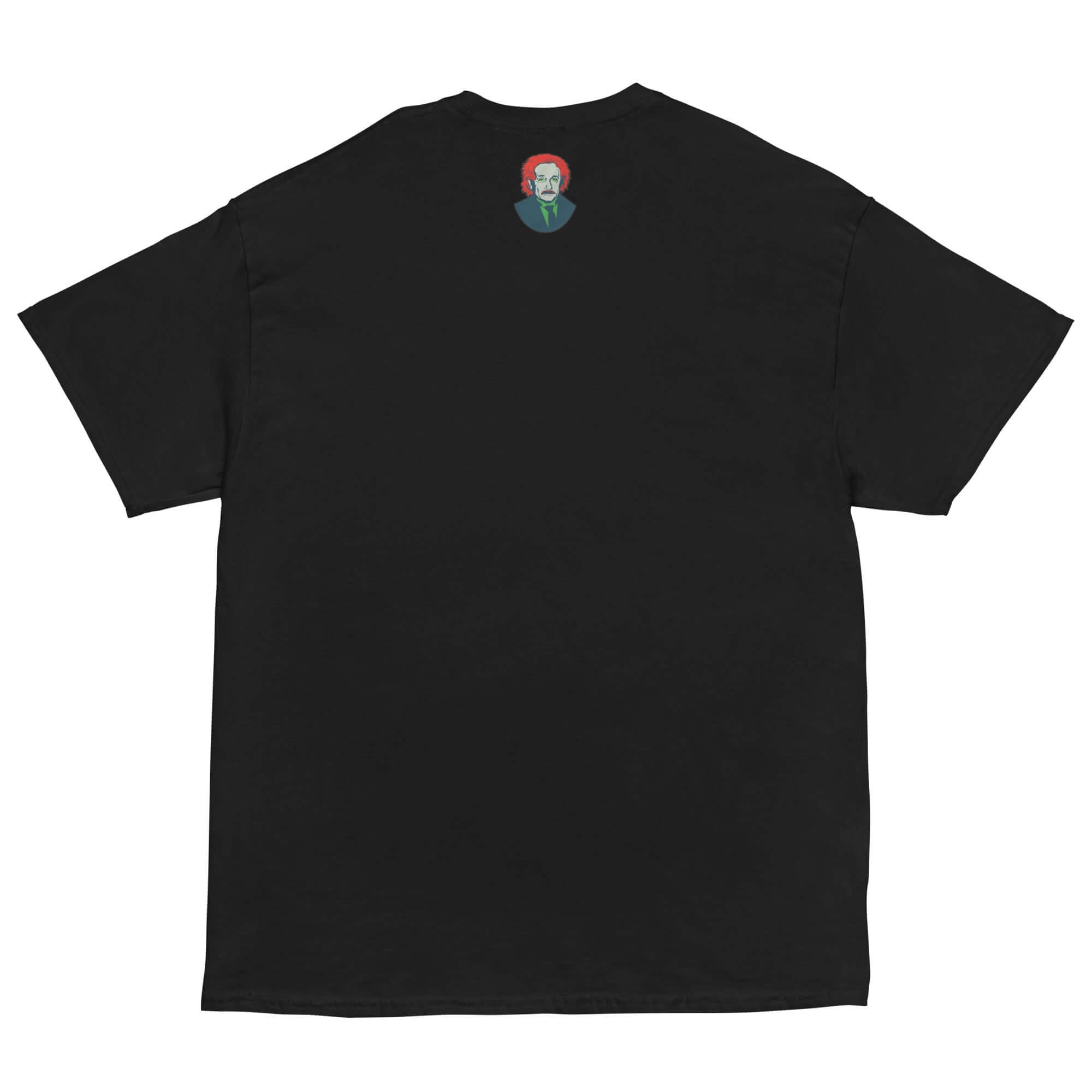 Back view of black Sodium Chemistree Joke T-Shirt with colorful cosmic swirl design.