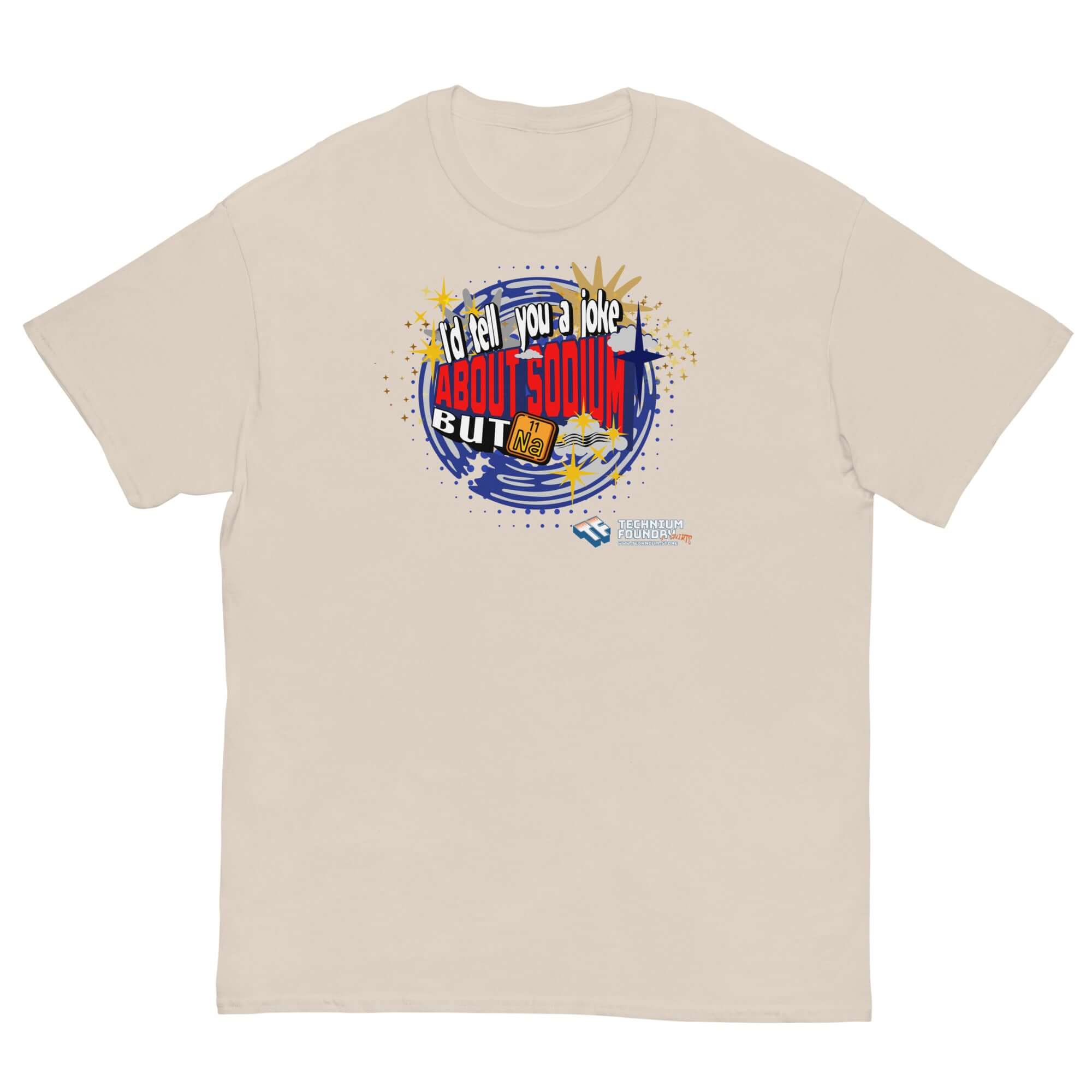 Sodium Chemistree Joke T-Shirt with cosmic blue swirl design and periodic table pun for chemistry enthusiasts.