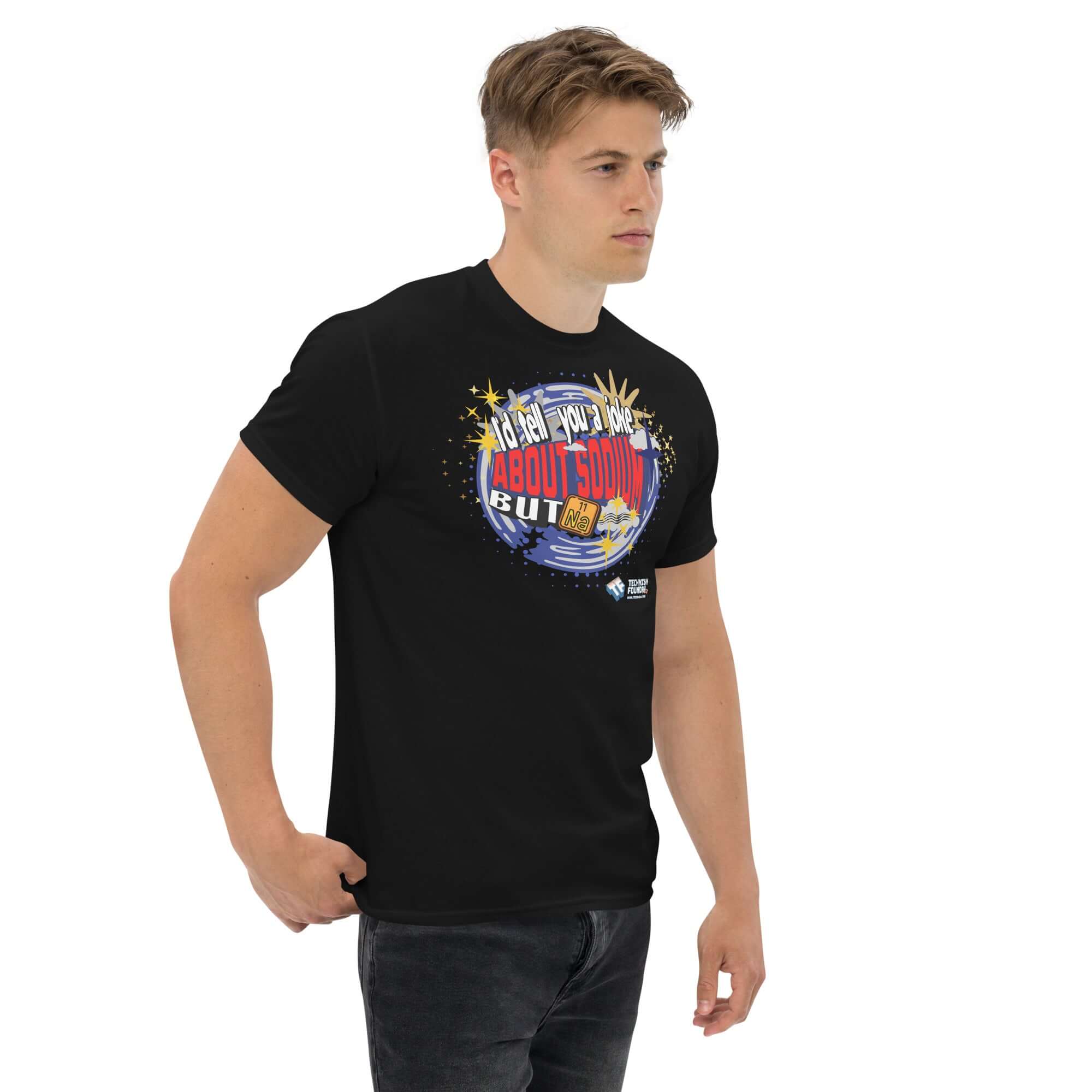 Man wearing Sodium Chemistree joke t-shirt with periodic table humor design in cosmic blue swirl pattern.