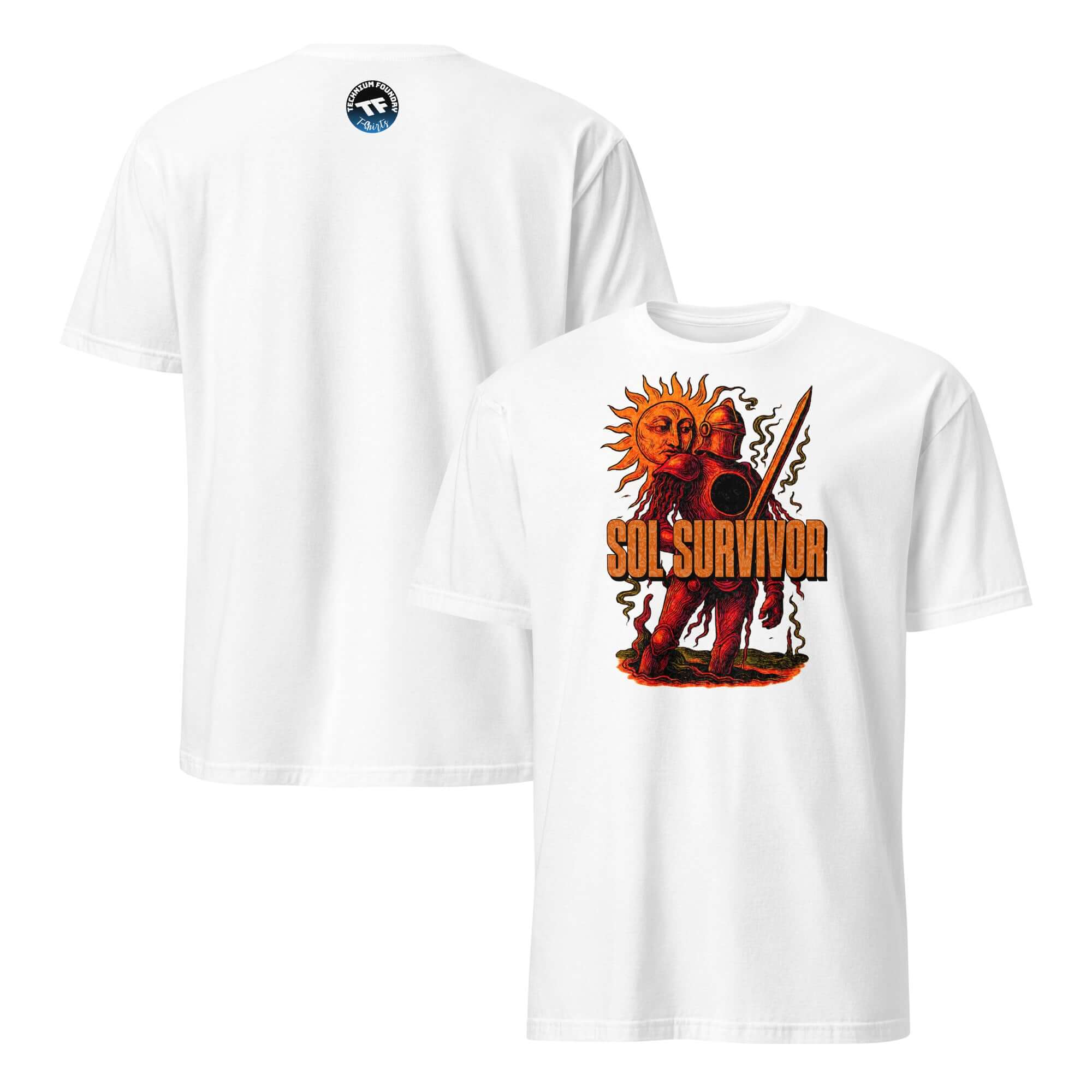 Front and back view of Sol Survivor T-Shirt featuring a solar warrior with medieval armor and sword. Solar Warrior Gear.