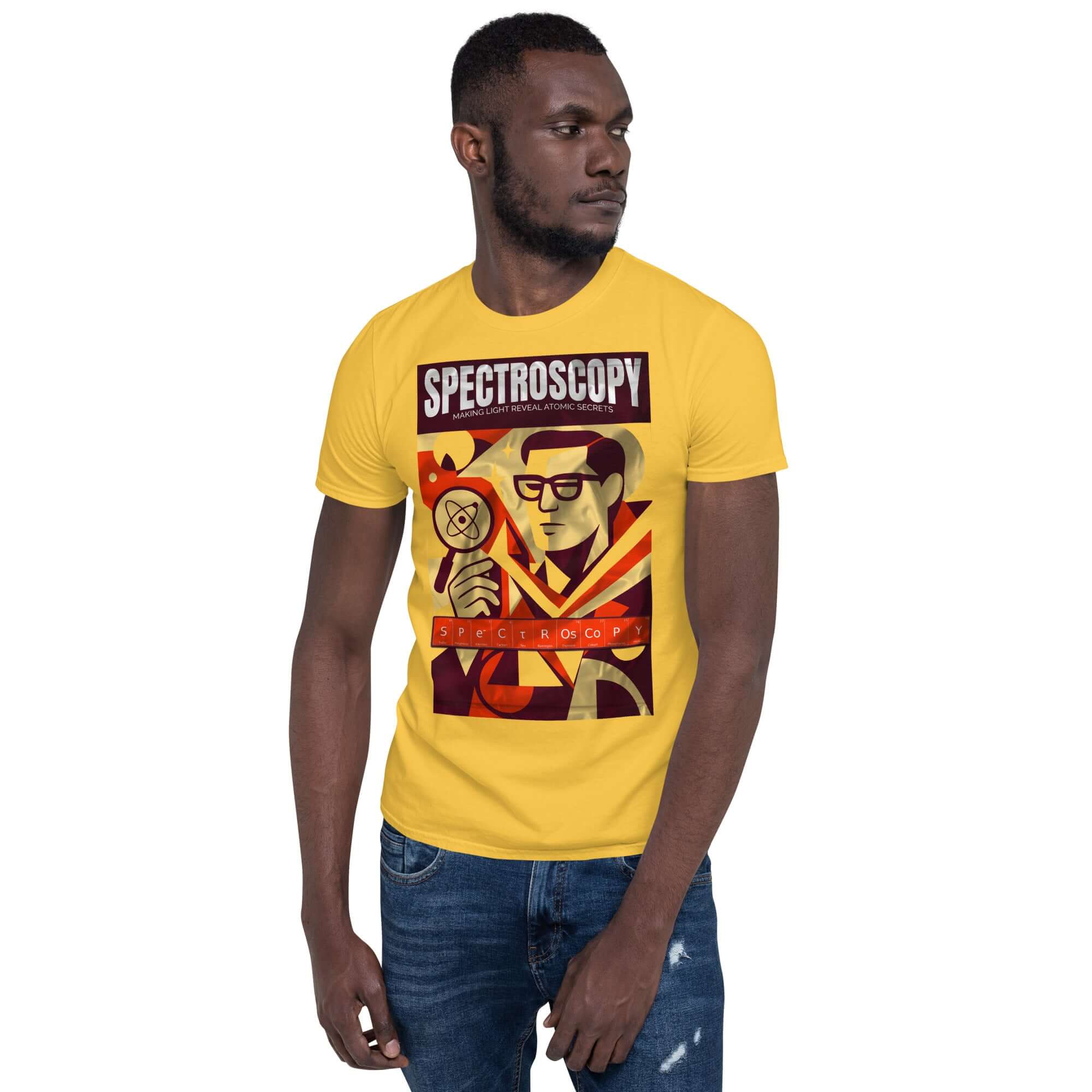 Man wearing Spectroscopy T-Shirt: Making Light Reveal Atomic Secrets, featuring vintage noir design and photonic investigator.