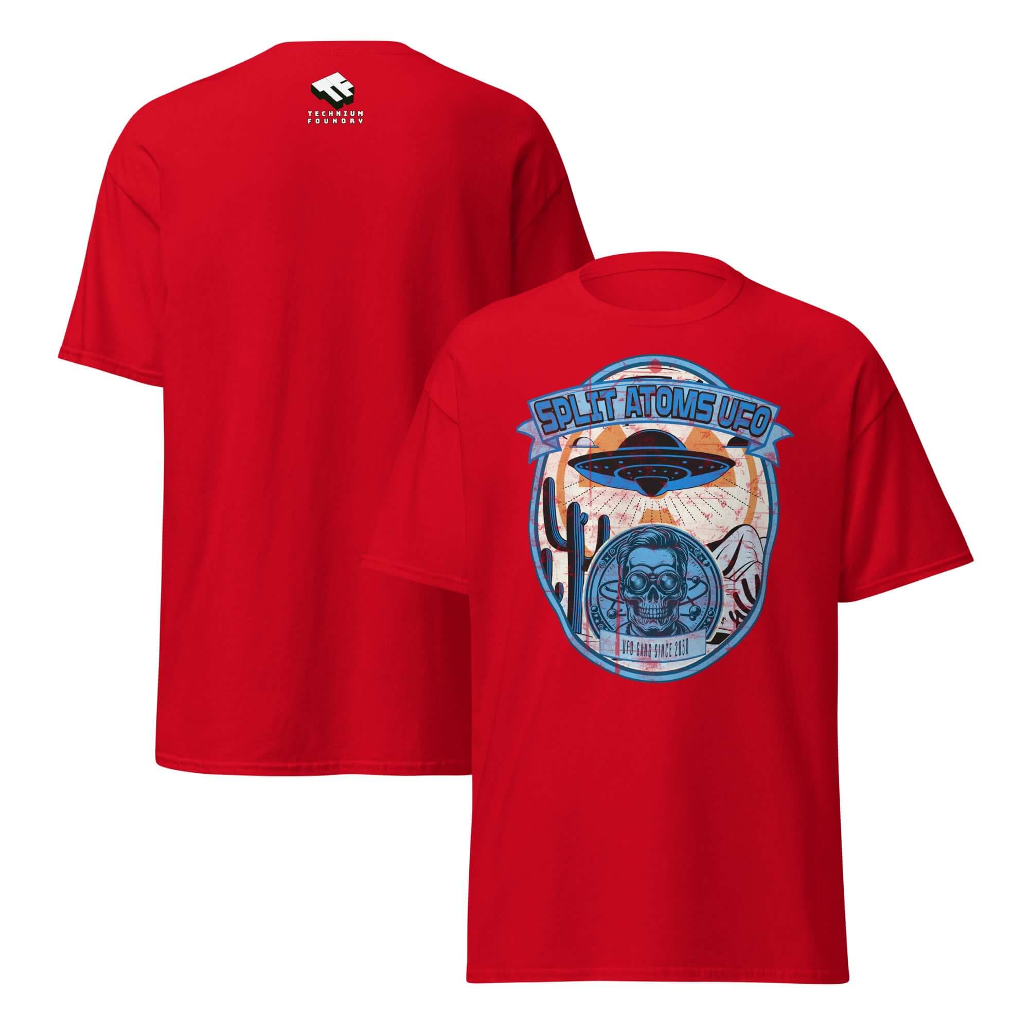 Red Split Atoms UFO Gang T-Shirt featuring flying saucer design over desert landscape, retro alien apparel.