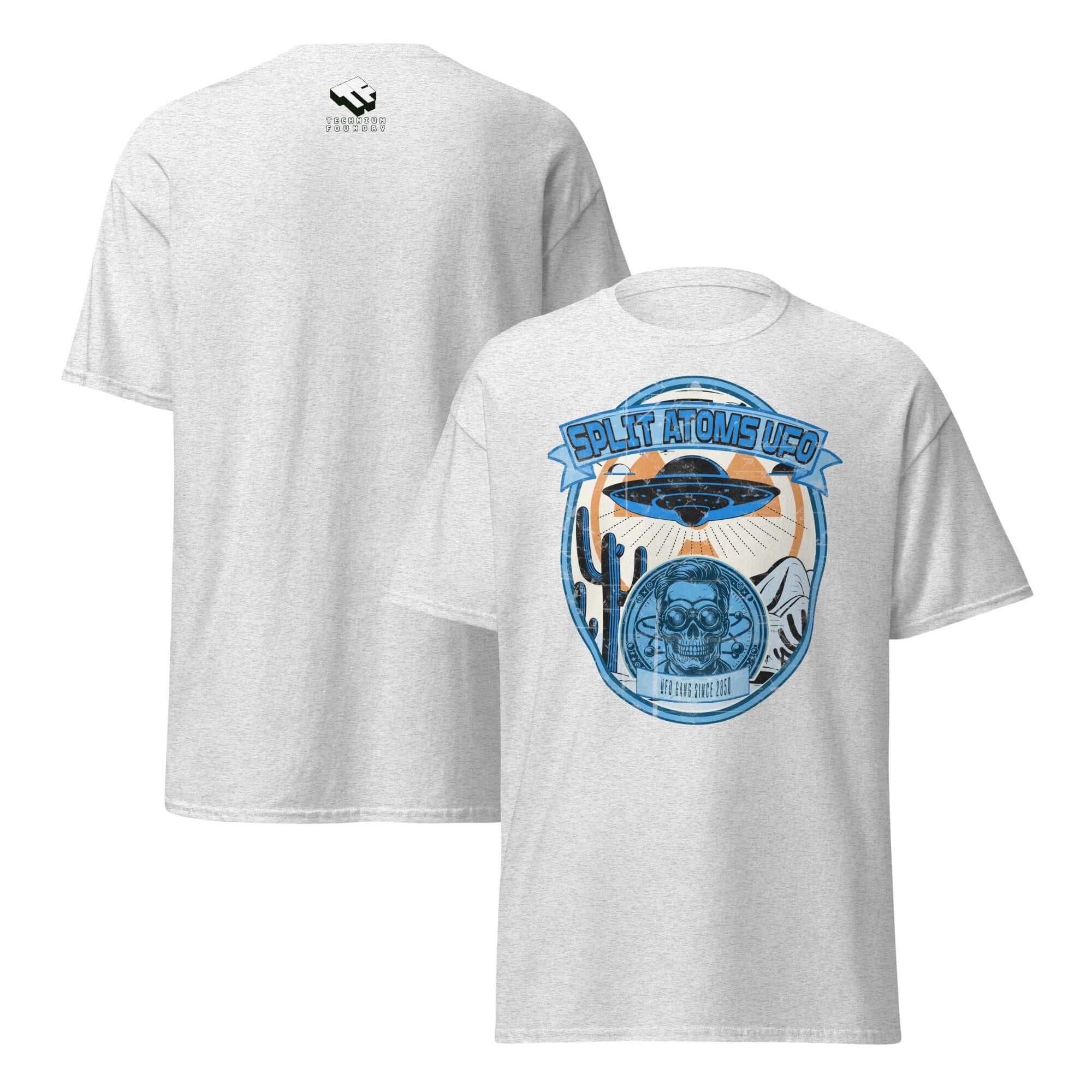 Split Atoms UFO Gang T-Shirt with retro alien desert design featuring flying saucer over Nevada landscape. Perfect for sci-fi fans.