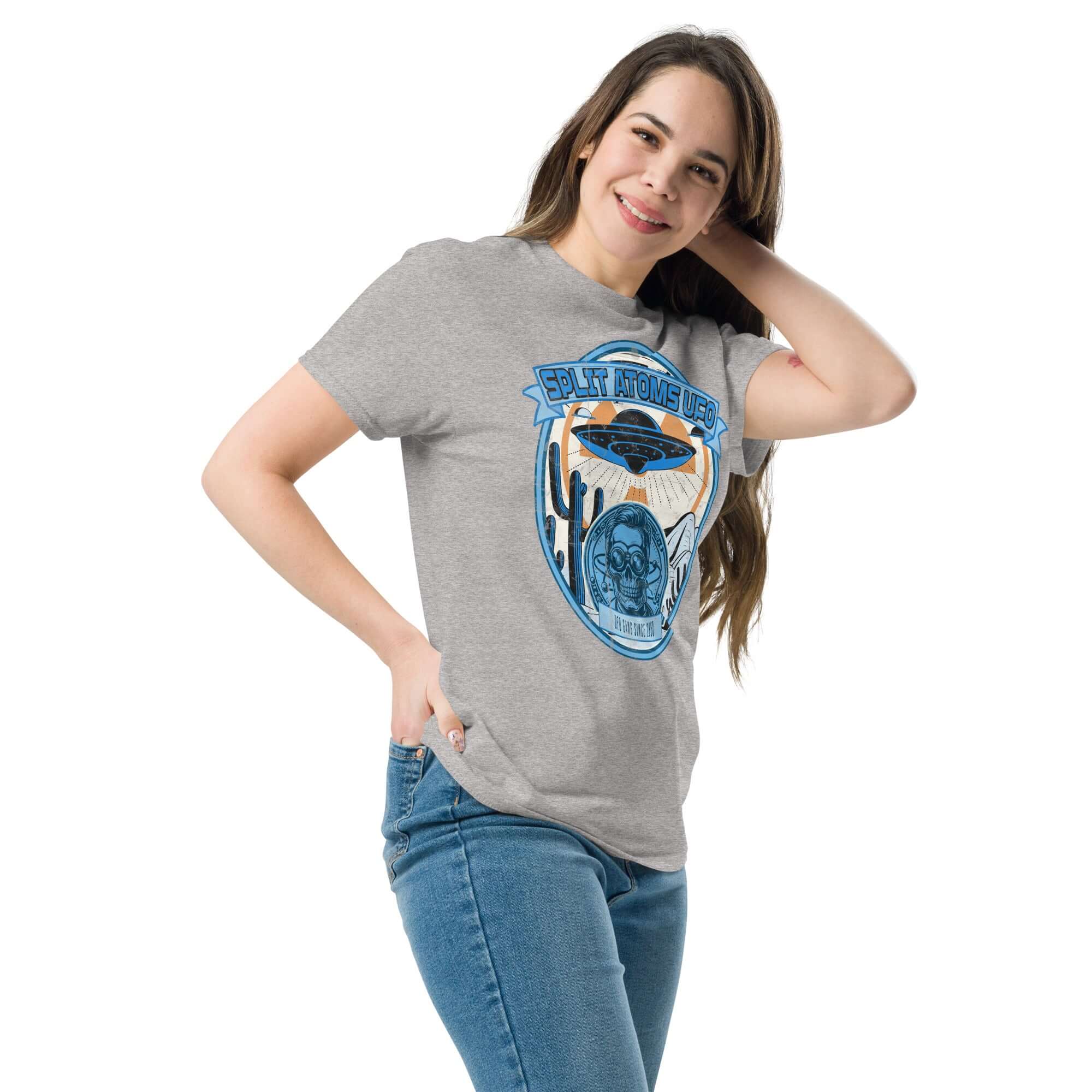 Woman wearing Split Atoms UFO T-shirt with retro alien desert design, gray tee, casual fashion, Area 51 themed apparel.