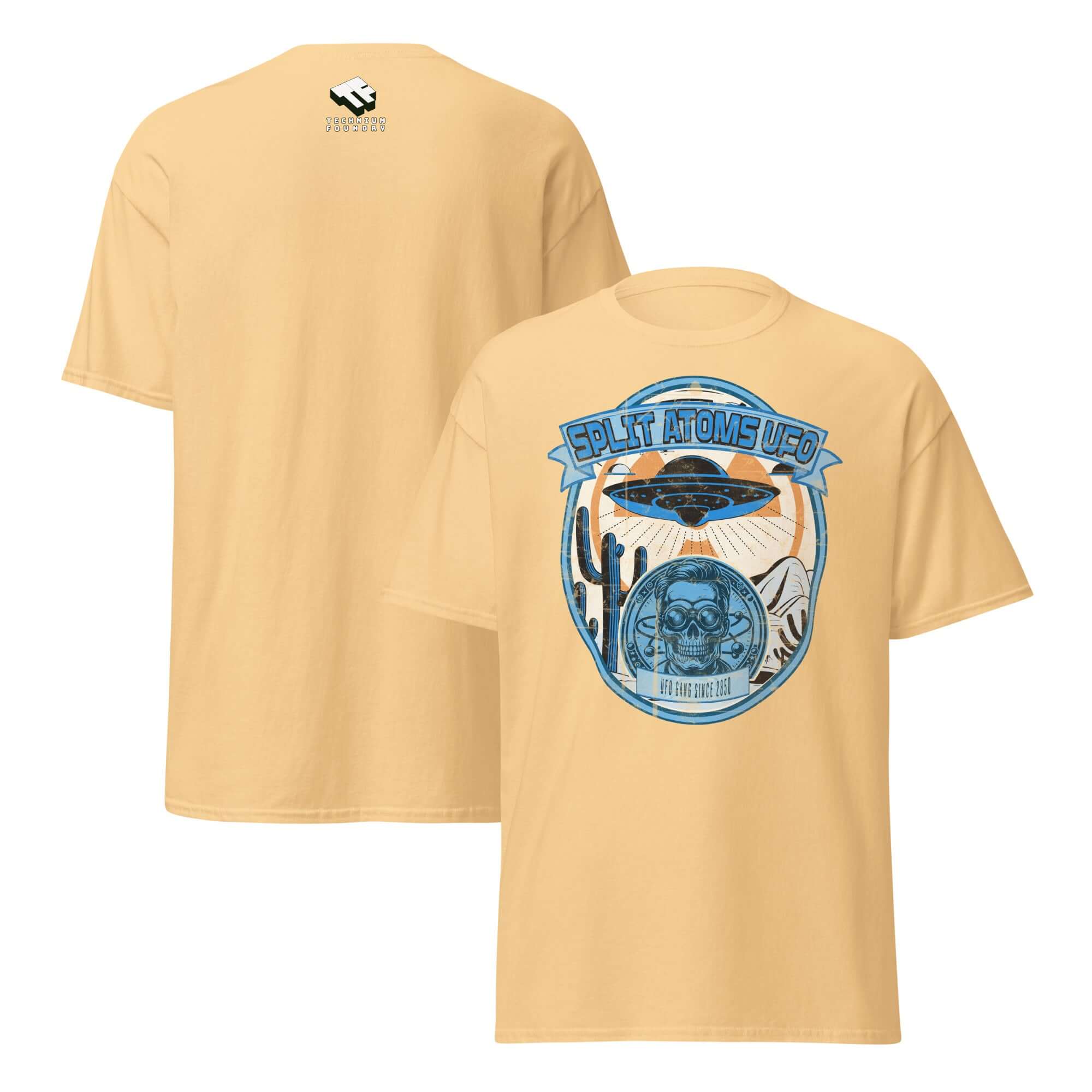 Retro Alien Desert Apparel T-Shirt featuring UFO over desert landscape, Split Atoms UFO design in sandy color.