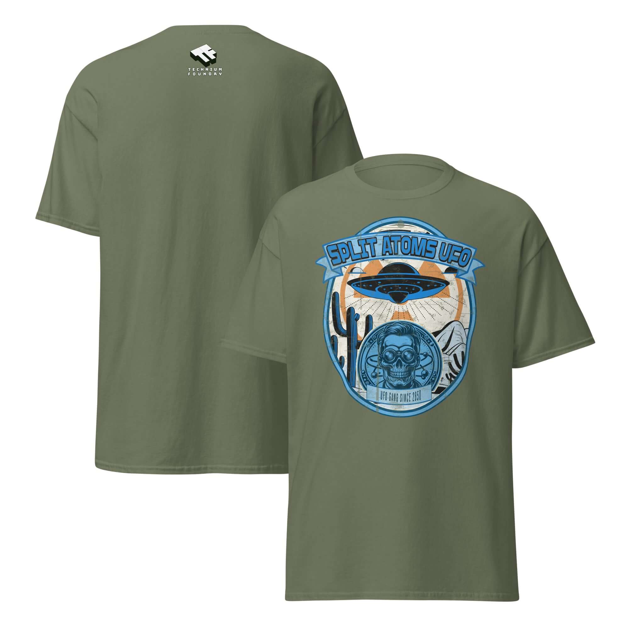 Split Atoms UFO Gang T-Shirt featuring retro alien desert design with a flying saucer over cacti, perfect for Area 51 enthusiasts.