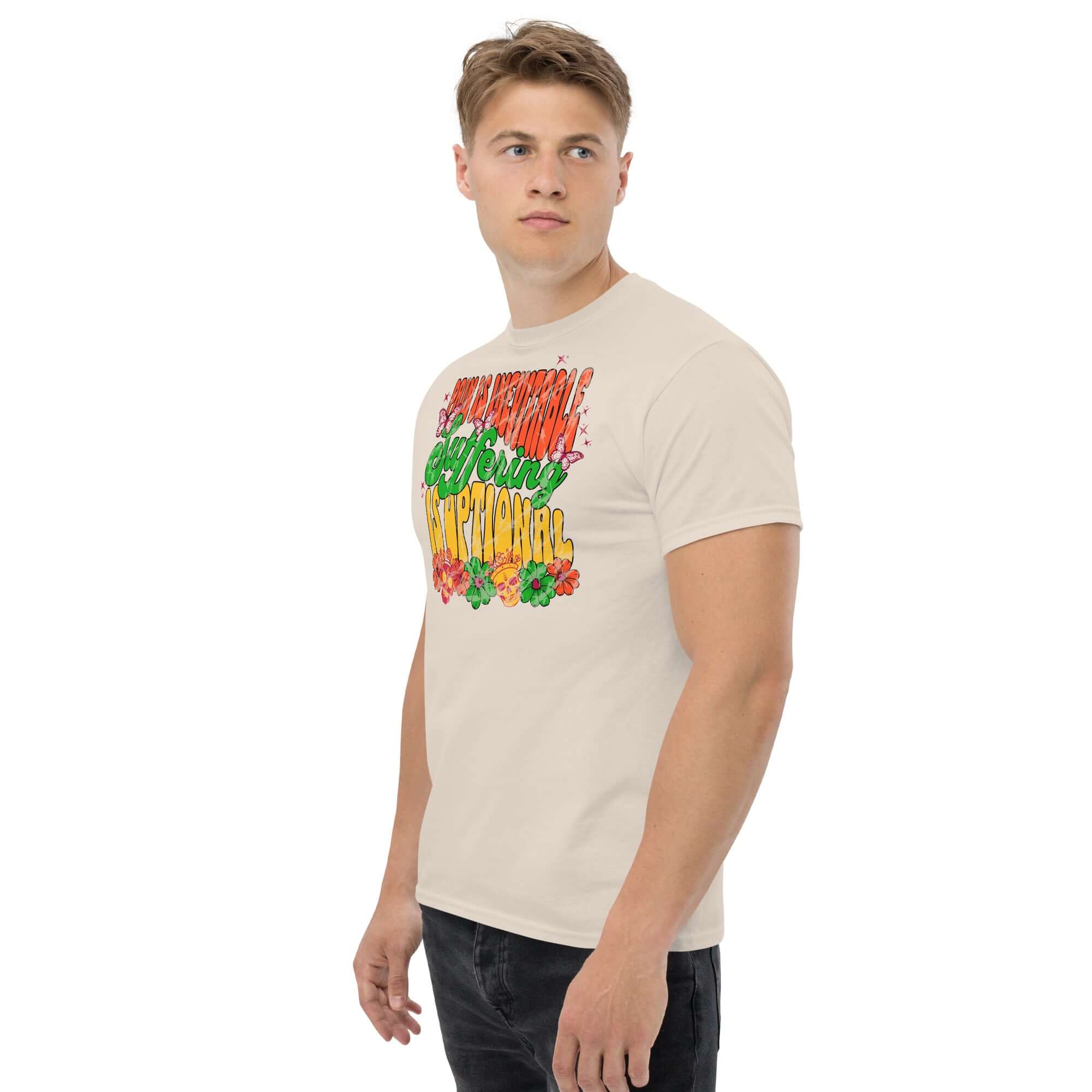 Man wearing Stoic Philosophy Drip T-Shirt with 'Pain is Inevitable, Suffering is Optional' text, showcasing psychedelic street art design.