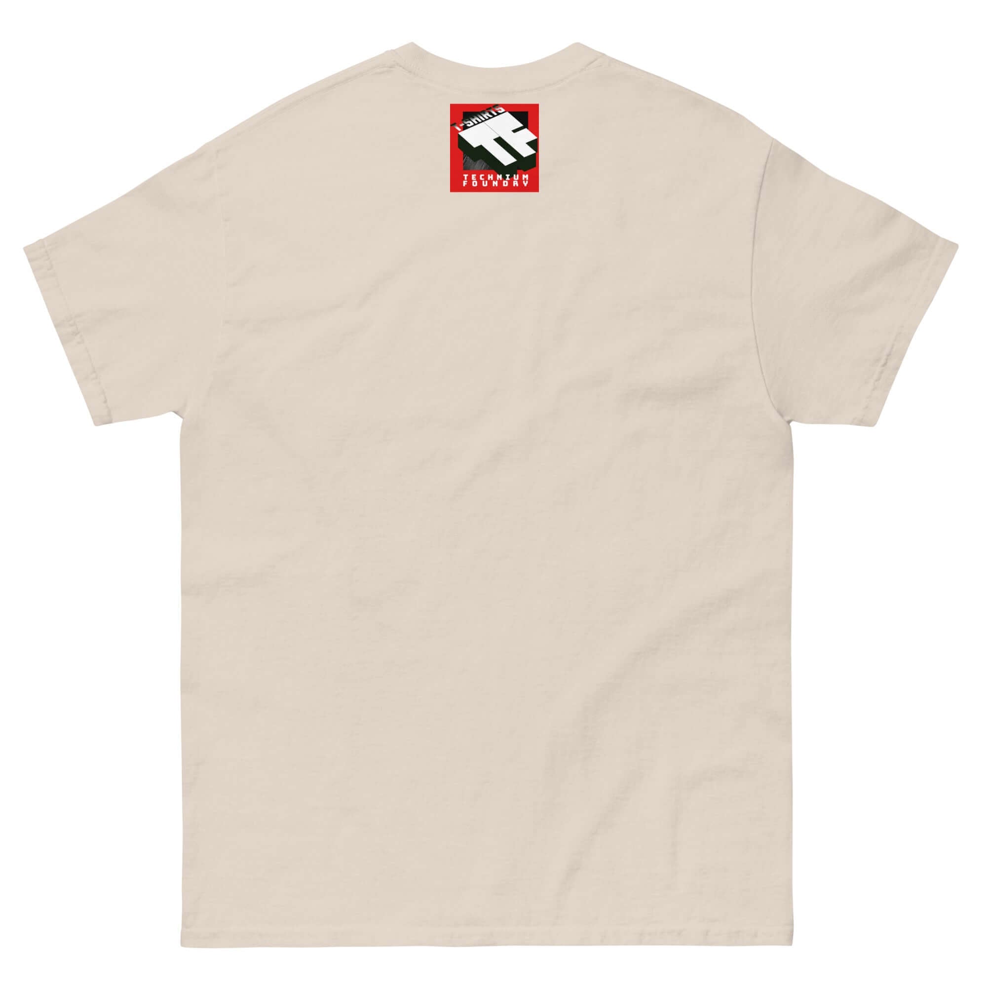 Back view of beige Stoic Philosophy Drip T-Shirt featuring a small red and black graphic with text "Pain Is Inevitable."