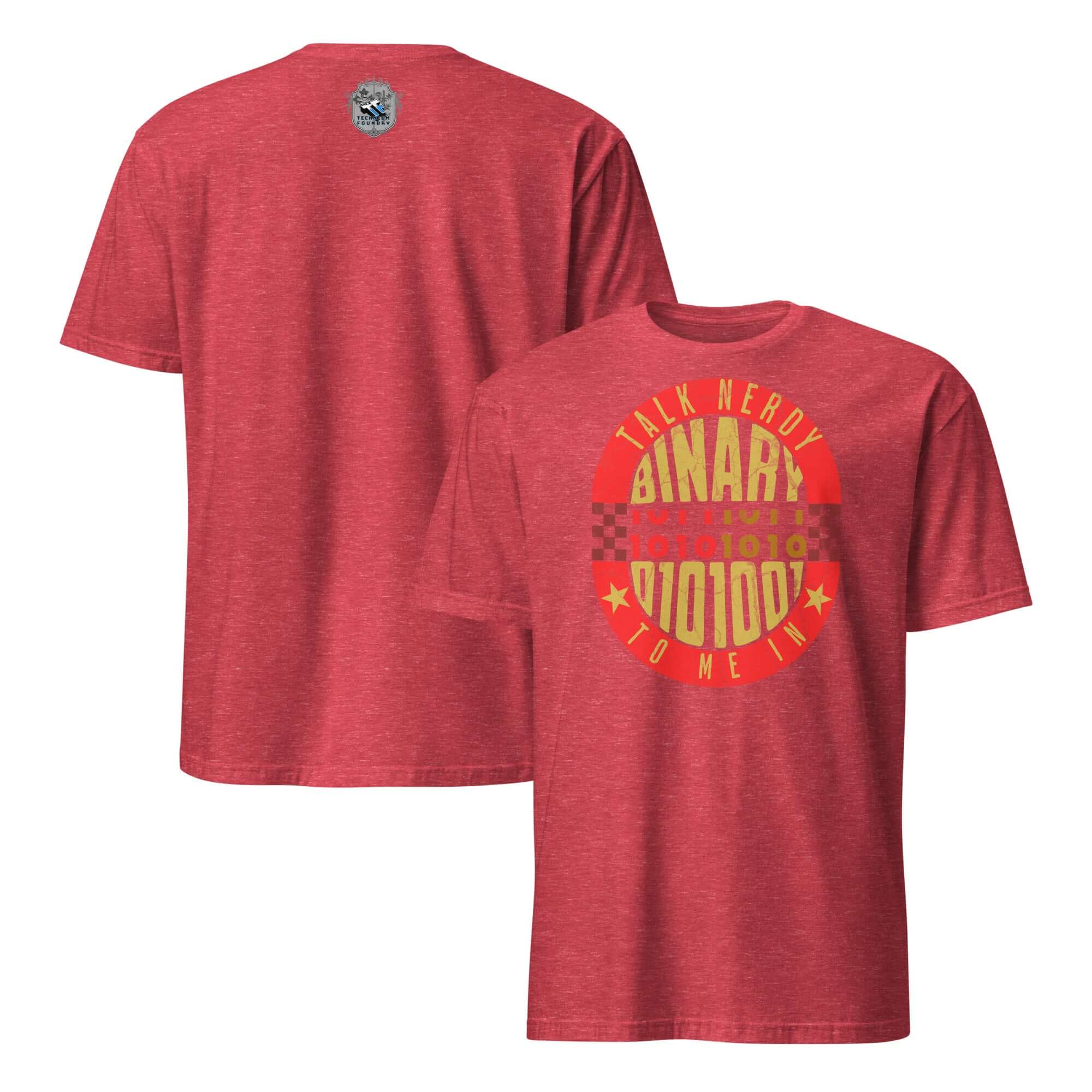Red "Talk Nerdy To Me In Binary" T-shirt with digital badge design, perfect for programmers and computer enthusiasts.