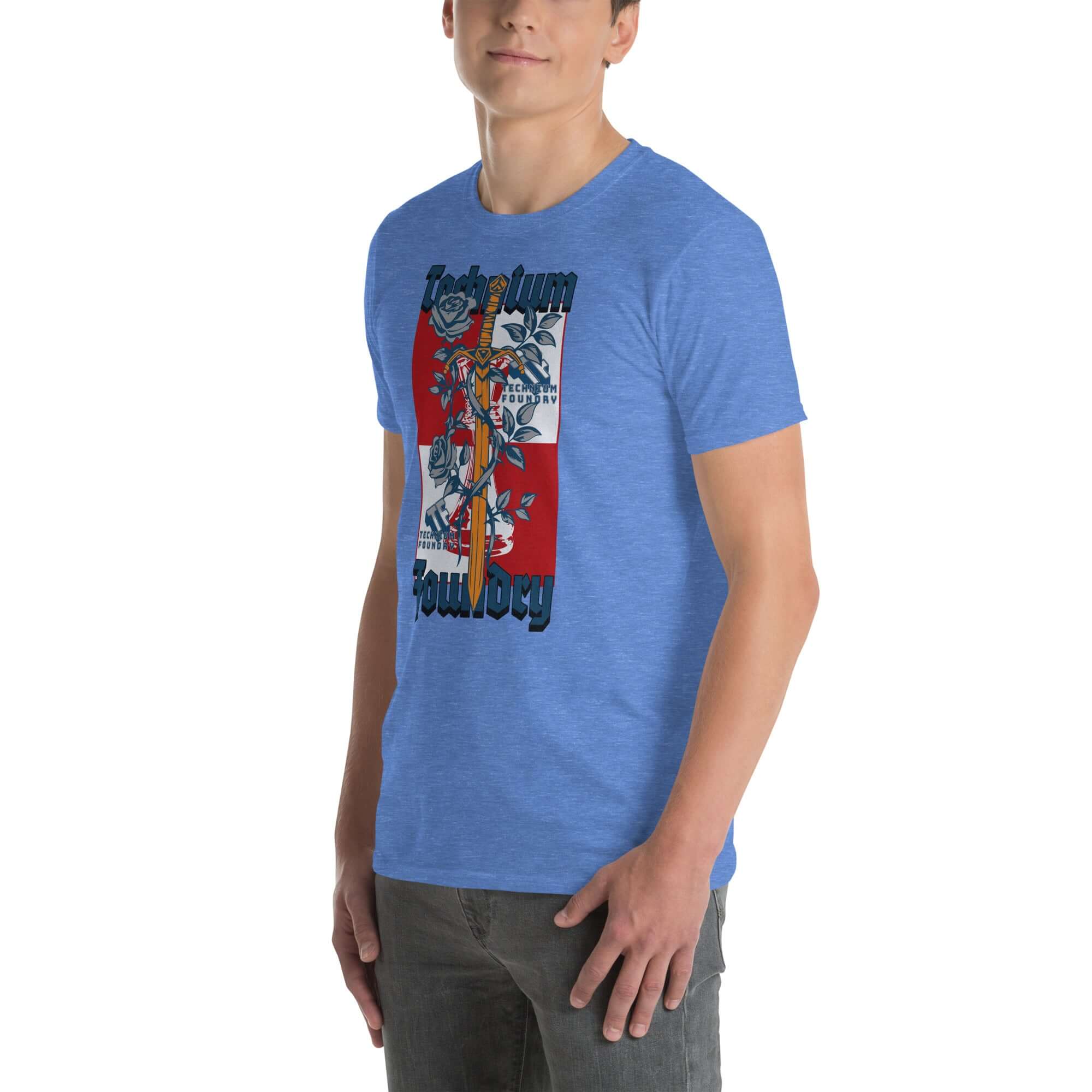 Man wearing a Technium Foundry Logo T-Shirt in vibrant orange with intellectual emblem print, highlighting cerebral fashion style.