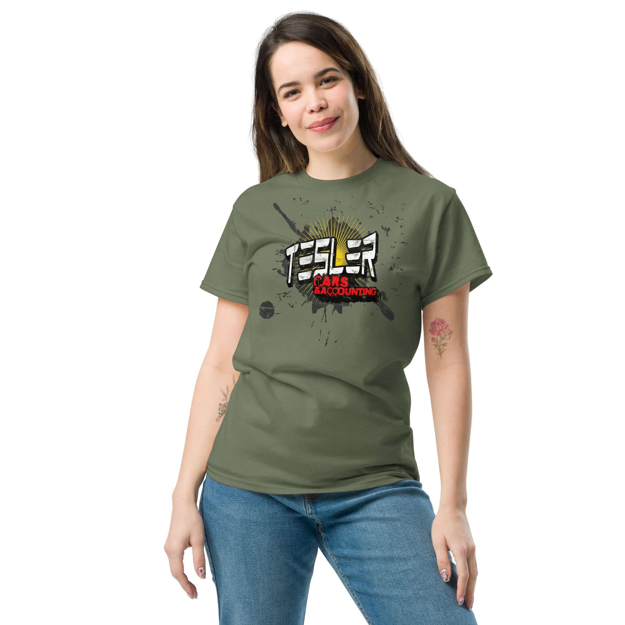 Woman wearing a Tesler Cars & Accounting T-Shirt, a Tesla parody apparel combining electric vehicle and accounting themes.