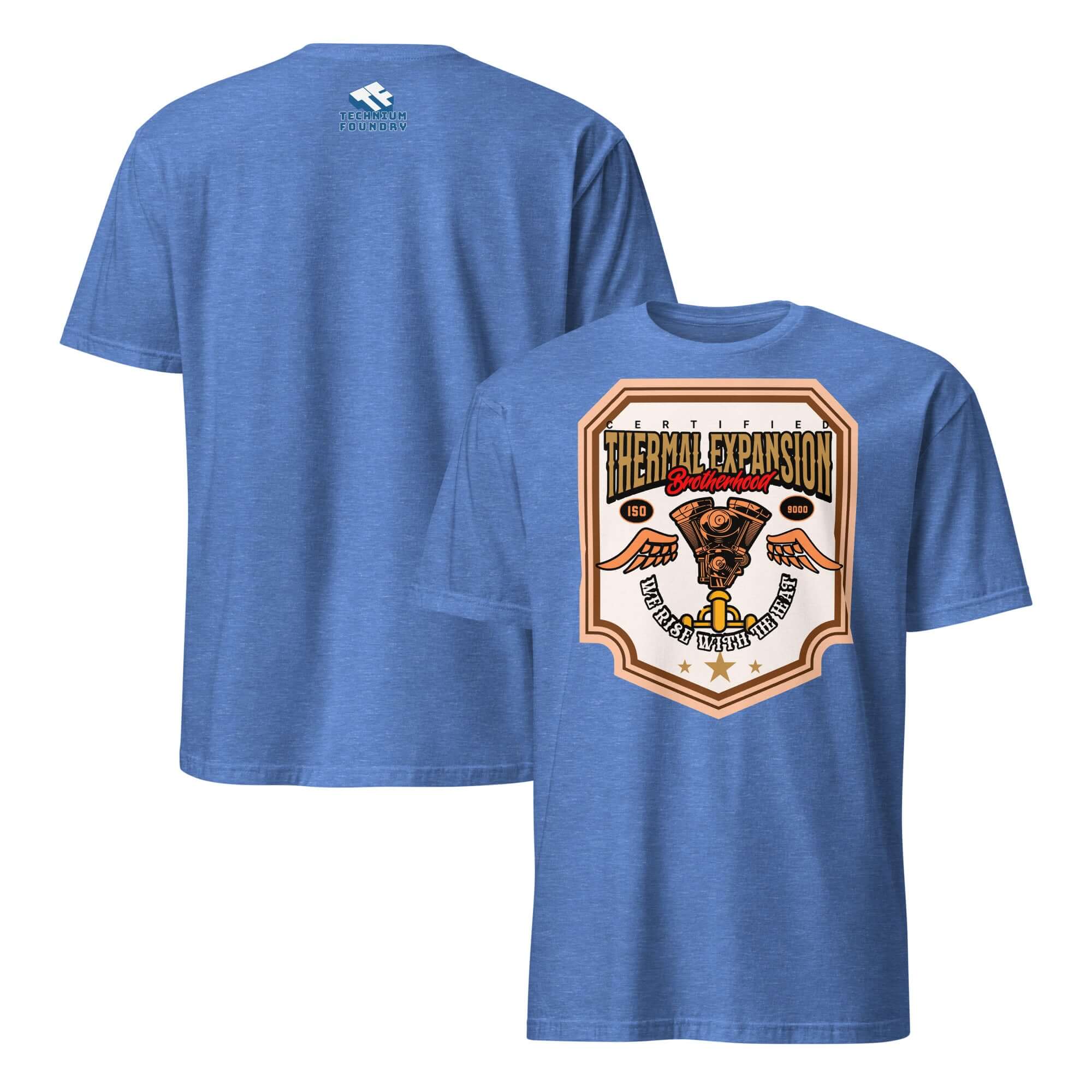 Thermal Expansion Brotherhood T-Shirt with V-twin engine design, celebrating physics and motorcycle culture