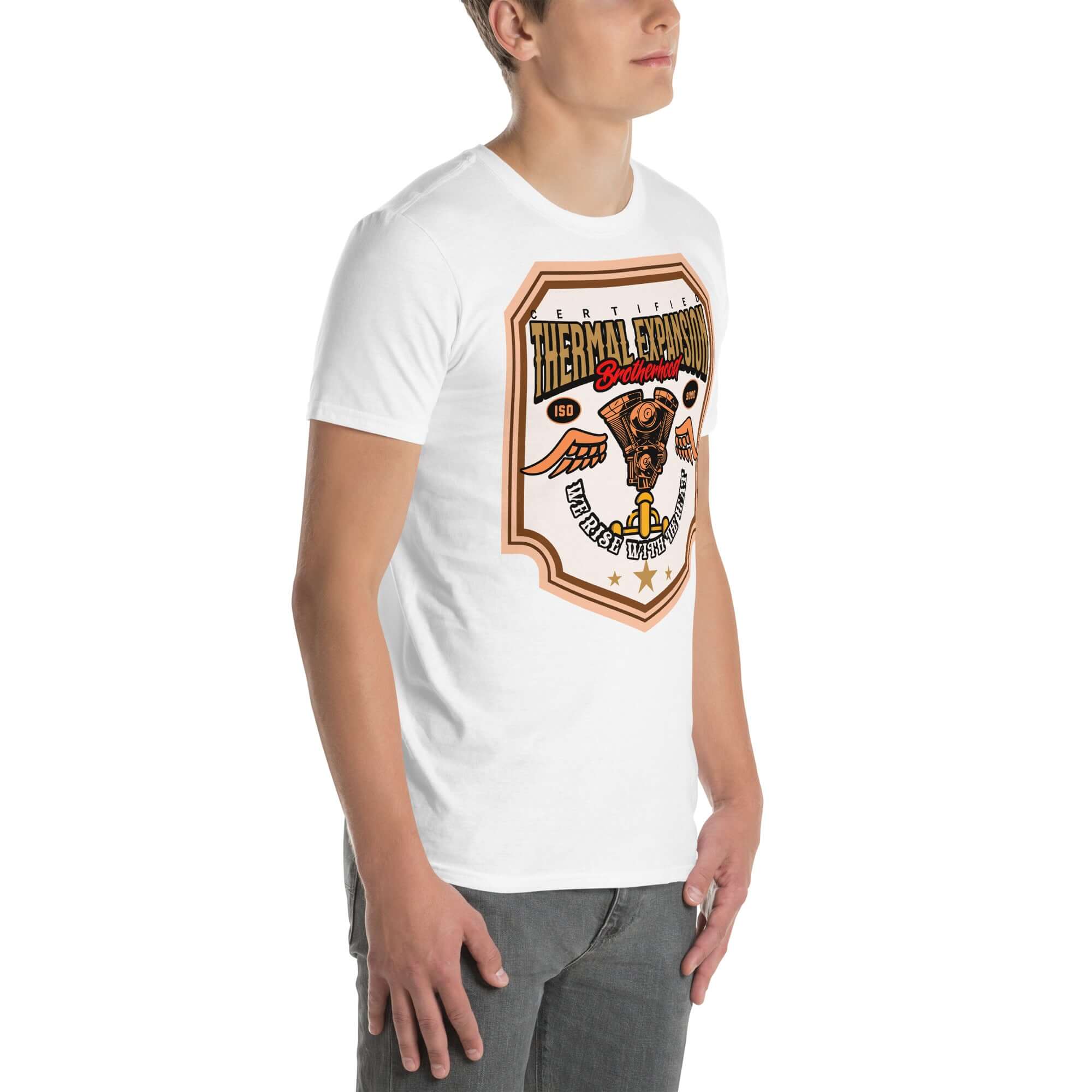 Man wearing Thermal Expansion Brotherhood T-shirt with V-twin engine and wings graphic, scientific motorcycle apparel.