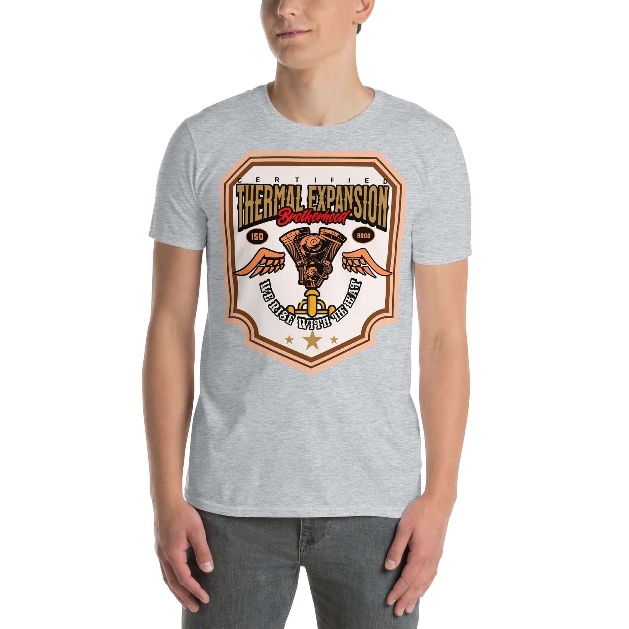 Thermal Expansion Brotherhood T-Shirt with V-twin engine and wings design, scientific motorcycle apparel