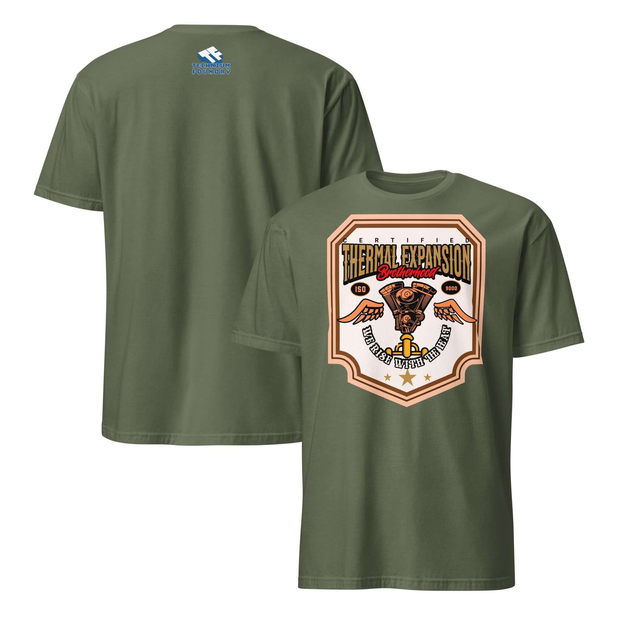 Green Thermal Expansion Brotherhood T-Shirt featuring V-twin engine graphic, celebrating science and motorcycle passion.