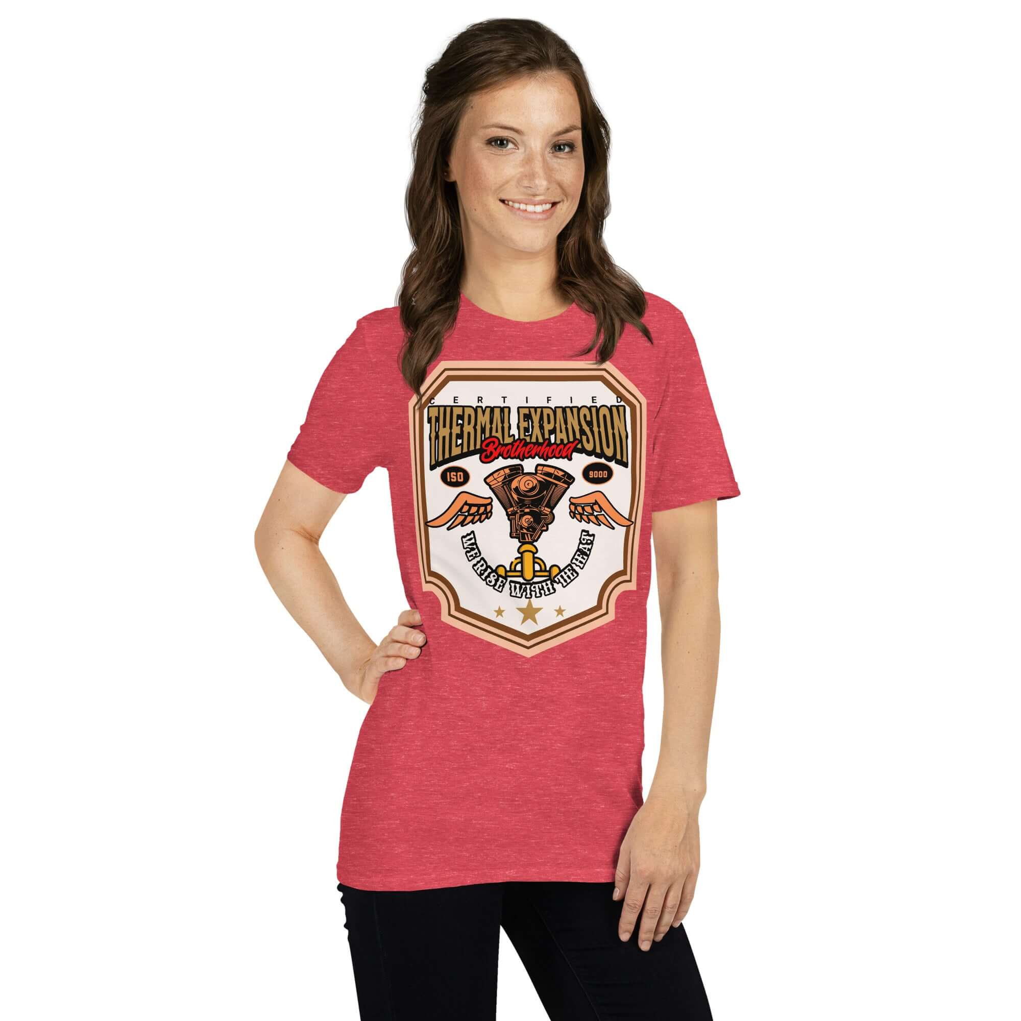 Woman wearing red Thermal Expansion Brotherhood T-Shirt with V-twin engine design, merging science and motorcycle culture.