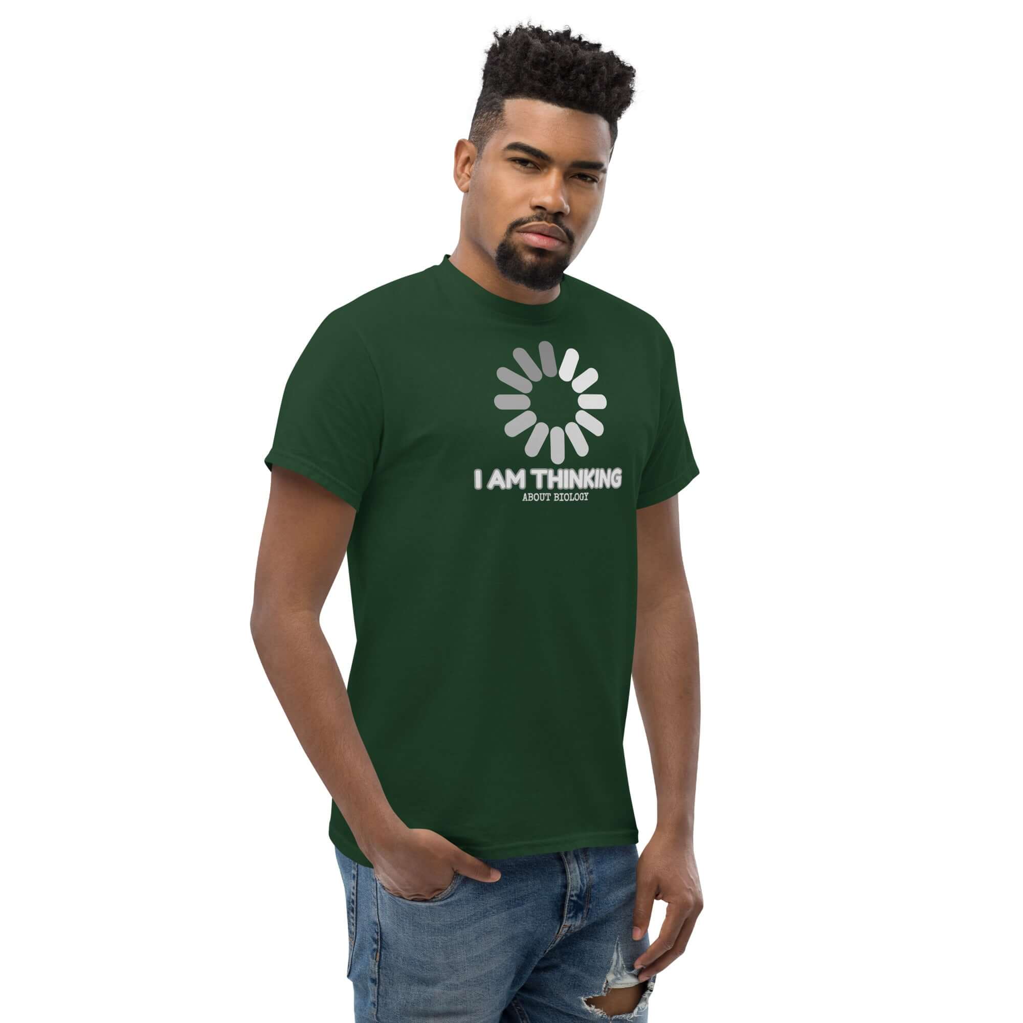 Green "I Am Thinking About Biology" t-shirt with loading symbol, perfect for science humor lovers and biology enthusiasts.