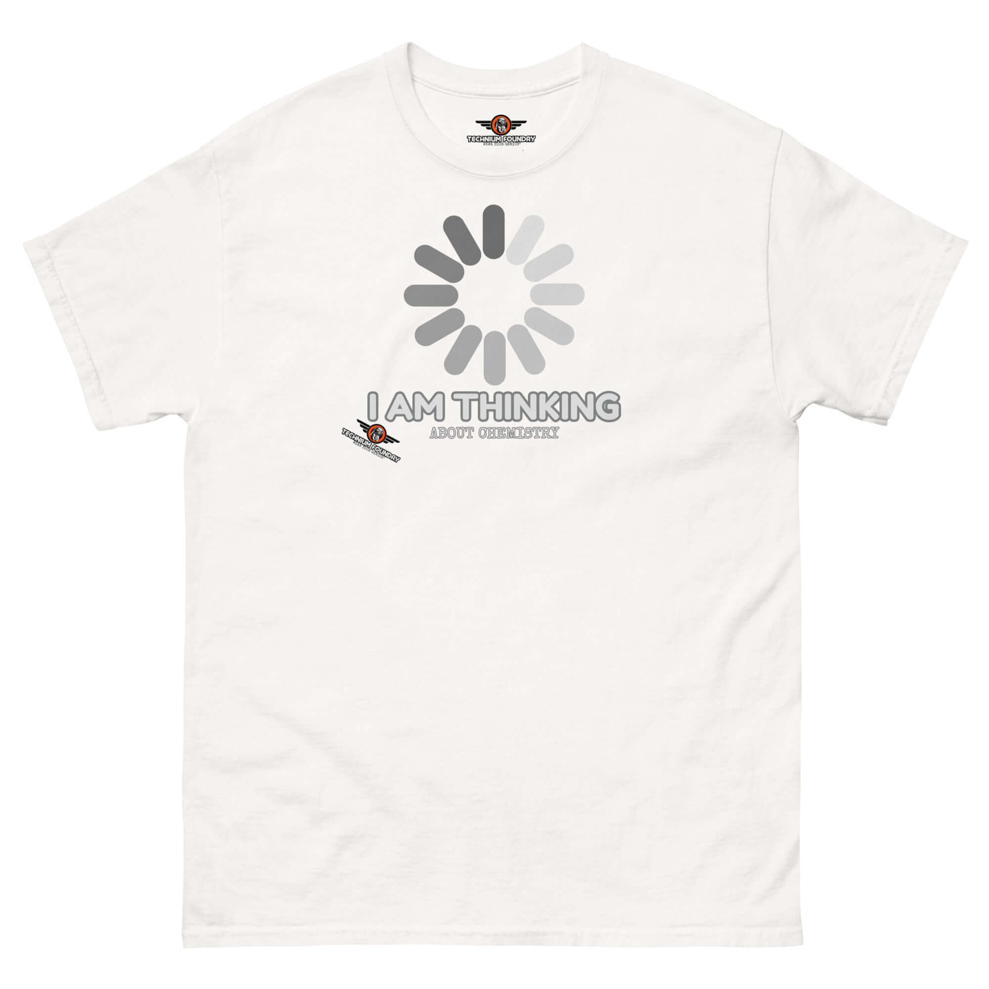 Chemistry loading t-shirt with spinning icon, perfect for science enthusiasts processing chemical reactions.