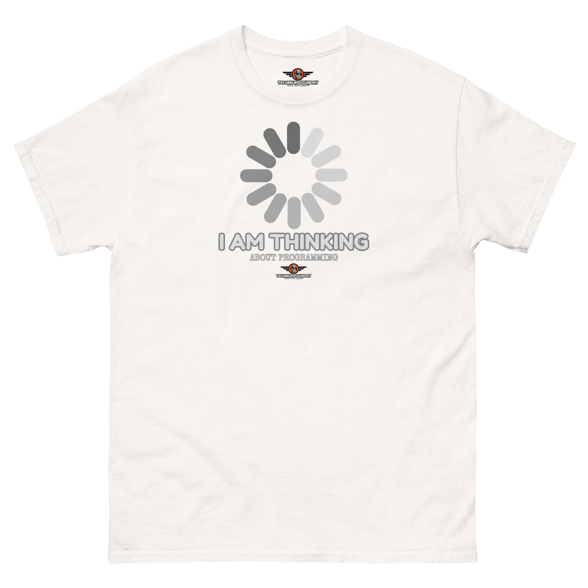 White t-shirt featuring a loading screen design with the text 'I Am Thinking About Programming', perfect for coding enthusiasts.
